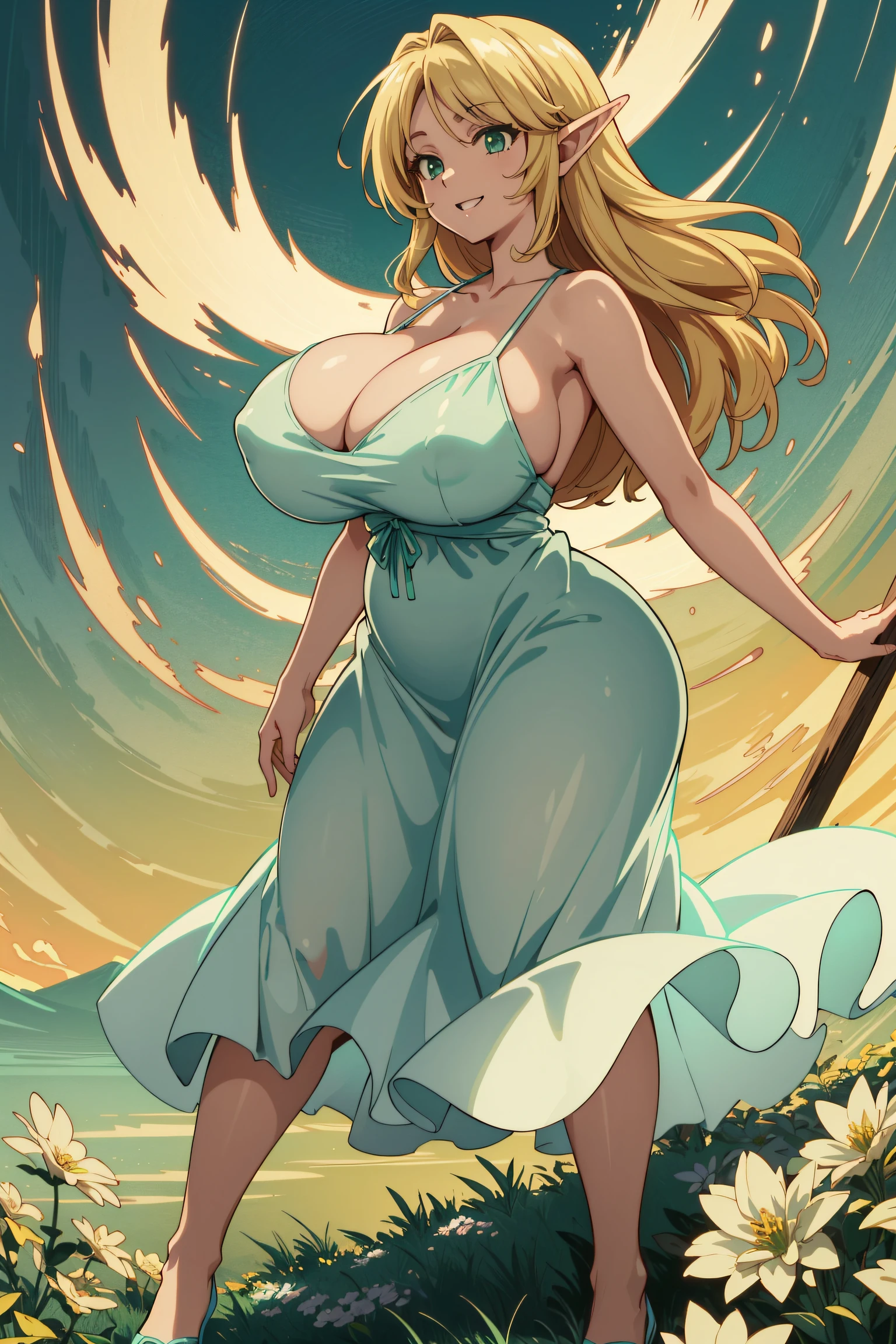 anime opening, (1elf milf blonde, (hyper detailed mint green eyes), beautiful, gigantic breasts, voluptuous, sun dress), solo, full body photo, a dreamscape aesthetic in green theme atmosphere, mosaic background, happy, flowers, (wallpaper style), movie trailer, cinematic, screencap, still shot, true perception, comfortable