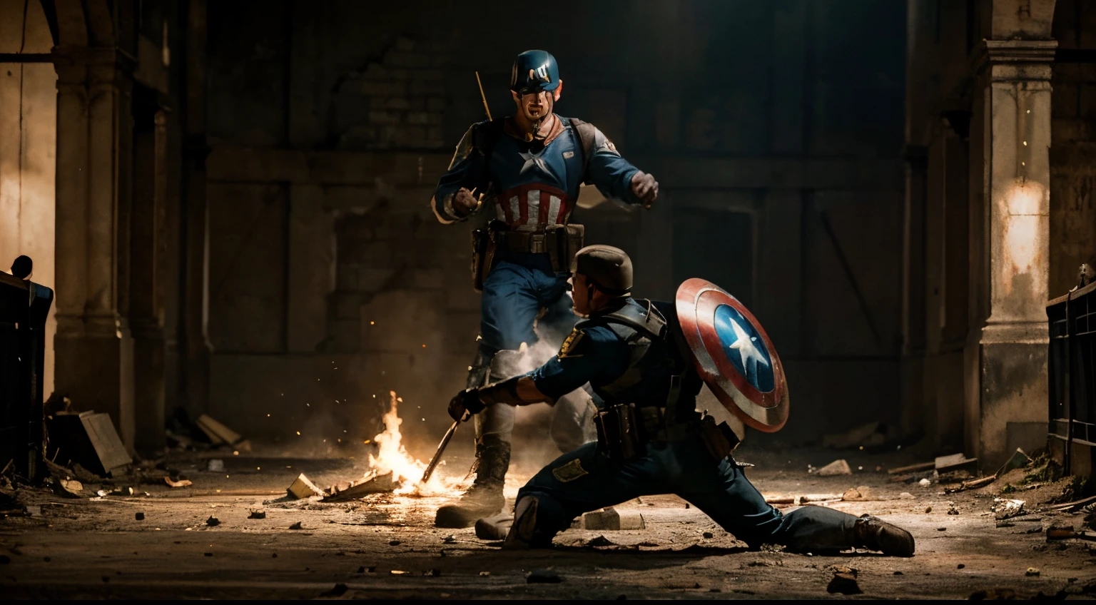 Image of Captain America fighting with a soldier, during World War II. He is wearing his classic uniform of the era, complete with his battle shield. The scene should convey the feeling of combat in war, with visible details of the costume and shield. The setting should reflect the warfield environment, with attention to historical details, with soft colors. The image must be detailed and have 8k resolution.