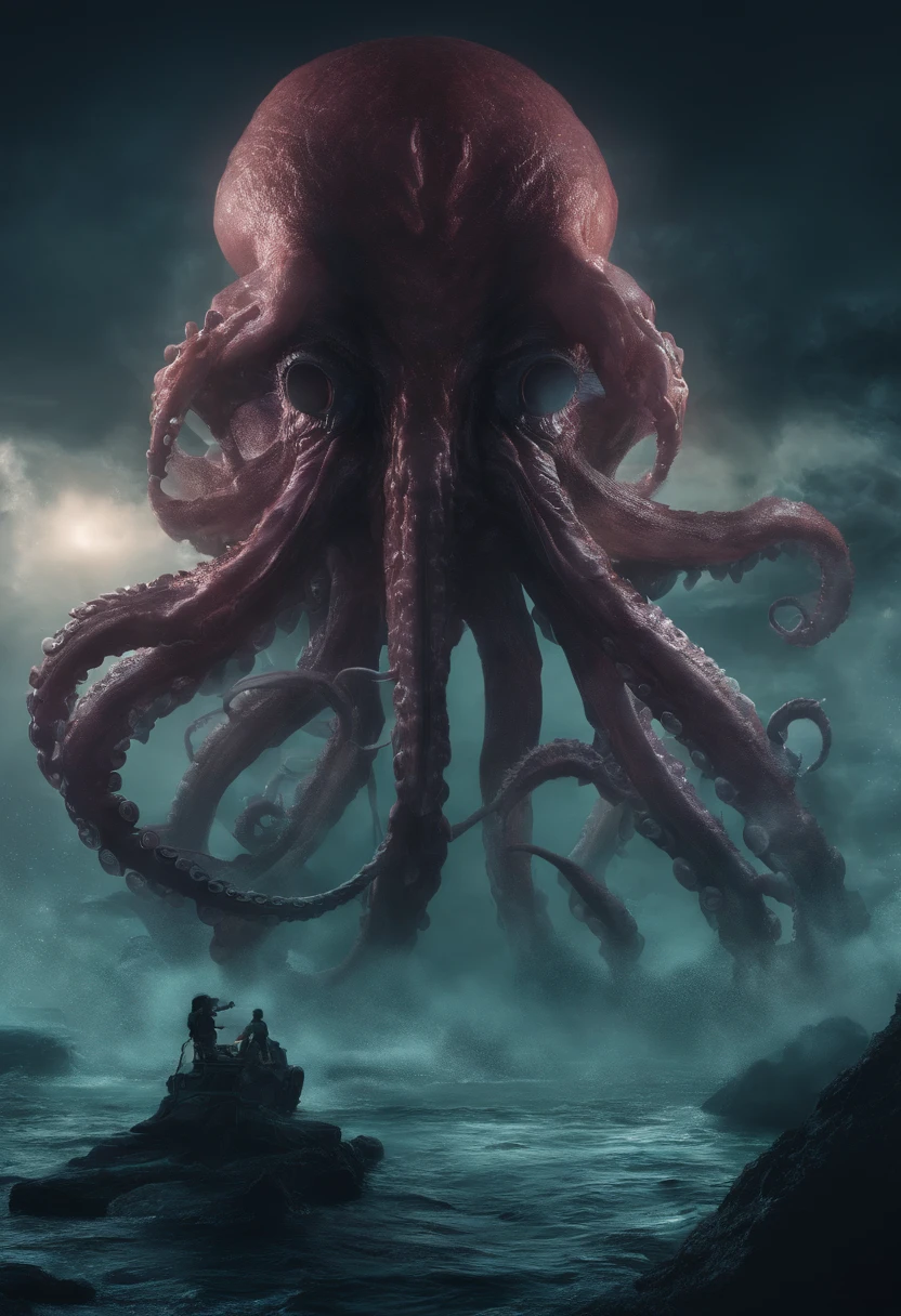 Giant octopus monster，Cthulhu in the Cthulhu Mythos，(glowing light eyes:1.5)，with her mouth open，dongquan，extremly high detail，High chiaroscuro，4K，unreal 5 render，Best quality，tmasterpiece，Rendered by Octane，Looking directly at，extremely dangerous，The huge body is shocking，The huge body is hidden in the deep sea，Only part of body exposed，Ships at sea，Lots of ships，(Hazy smoke:1.2)，Unable to see the whole body clearly，The horror of despair，The atmosphere is oppressive，The spectacle is spectacular，Hero holding sword，Fight back bravely,real  face