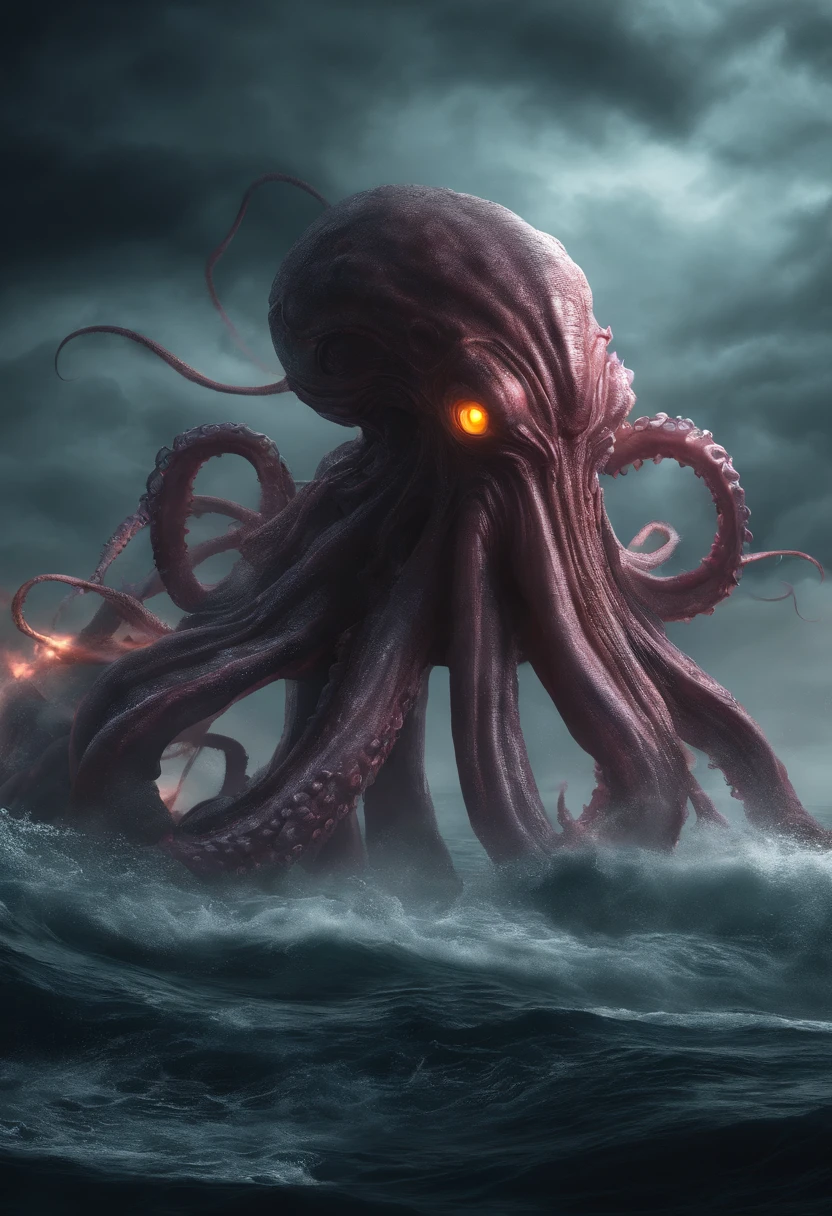 Giant octopus monster,Cthulhu in the Cthulhu Mythos,(glowing light eyes:1.5),with her mouth open,dongquan,extremly high detail,High chiaroscuro,4K,unreal 5 render,Best quality,tmasterpiece,Rendered by Octane,Looking directly at,extremely dangerous,The huge body is shocking,The huge body is hidden in the deep sea,Only part of body exposed,Ships at sea,Lots of ships,(Hazy smoke:1.2),Unable to see the whole body clearly,The horror of despair,The atmosphere is oppressive,The spectacle is spectacular,Hero holding sword,Fight back bravely,real face