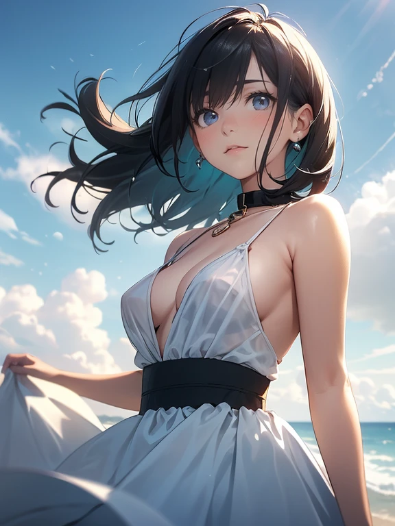masterpiece, best quality, one girl, pretty girl, beautiful blue sky, woman with slave collar, short hair, really fluffy hair, black hair with gray highlights, hair blowing in the wind, green eyes, soft expression, white dress, staring at the sky, breathtakingly beautiful, gms, (upper body)