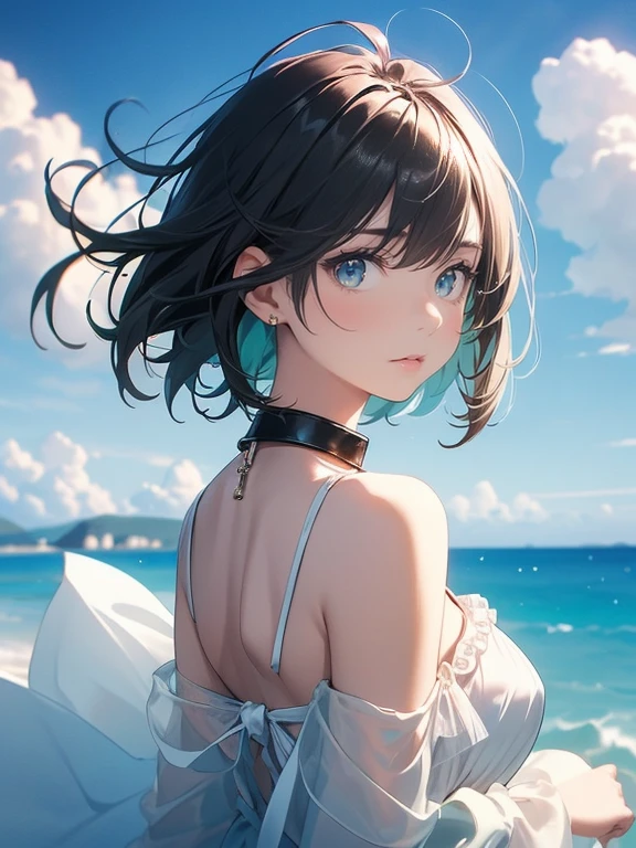 masterpiece, best quality, one girl, pretty girl, beautiful blue sky, woman with slave collar, short hair, really fluffy hair, black hair with gray highlights, hair blowing in the wind, green eyes, soft expression, white dress, staring at the sky, breathtakingly beautiful, gms, (upper body)