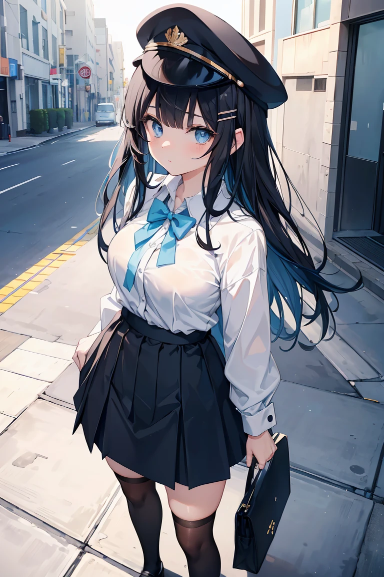 an anime girl, 1 person, black hair, hair clip on the right side of her bangs, black cap, light blue eyes, white women's shirt, small light blue bow on the chest, office uniform, shirt  close-fitting, tight skirt, stockings,full body, big breasts, front view, solo