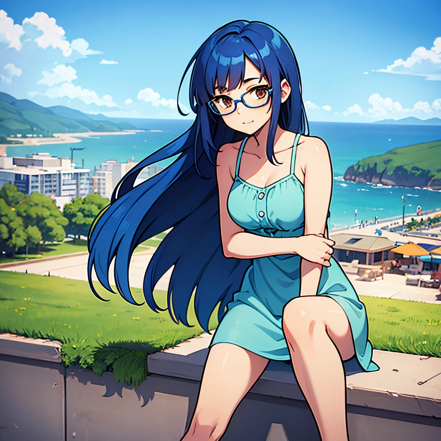 blue hair, 1girl, sundress, coast city, glasses, brown eyes