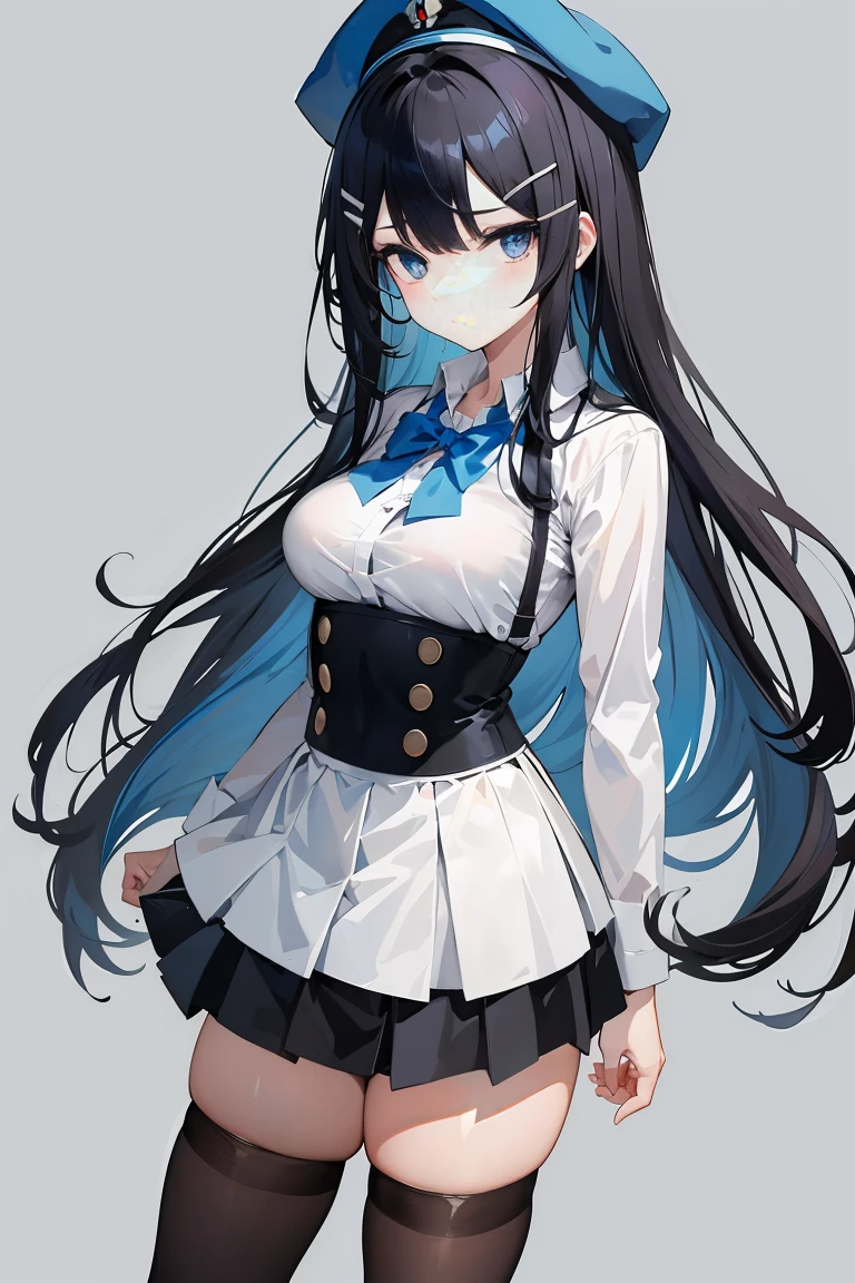 an anime girl, 1 person, black hair, hair clip on the right side of her bangs, black cap, light blue eyes, white women's shirt, small light blue bow on the chest, office uniform, shirt close-fitting, tight skirt, stockings,full body, big breasts, front view, solo