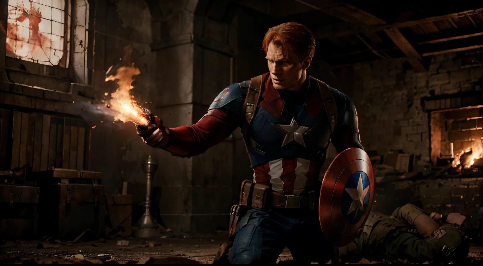 image of Captain America with shield fighting with a man, red skull, Marvel Art, Captain, man with red skull, War Style. The setting should reflect the warfield environment, with attention to historical details, with soft colors. The image must be detailed and have 8k resolution.