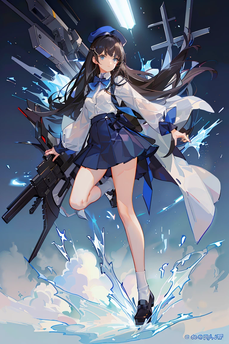 an anime girl, 1 person, black hair, hair clip on the right side of her bangs, black cap, light blue eyes, white women's shirt, small light blue bow on the chest, office uniform, shirt close-fitting, tight skirt, stockings,full body, big breasts, front view, solo