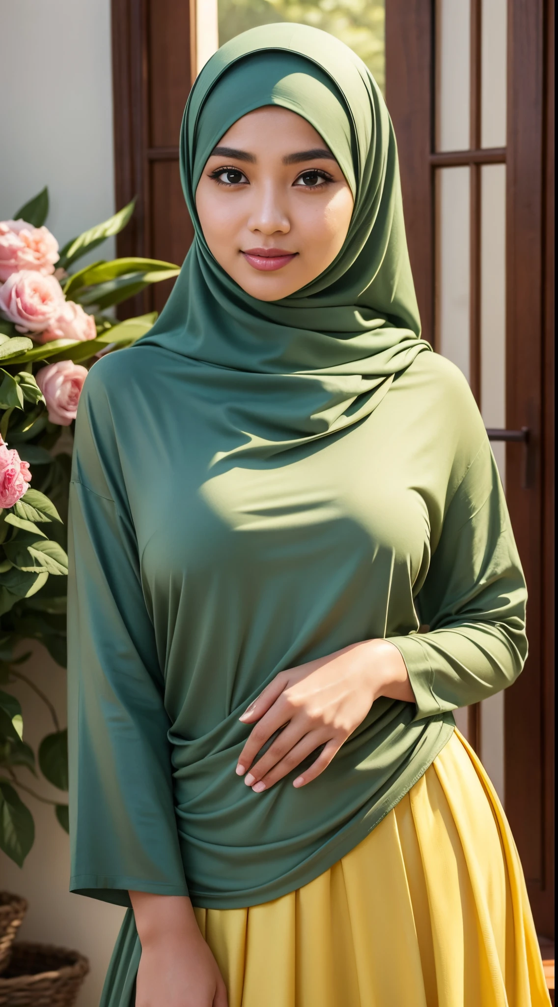 RAW, Best quality, high resolution, masterpiece: 1.3), beautiful Malay woman on hijab (iu:0.8), perfect nose,perfect lips, beutifull face, perfect eyes, detail :1.2),((big breast)), masterpiece, best quality, ultra-detailed, beautiful lighting, malay Woman in hijab,(green eyes:1.3)RAW, Best quality, high resolution, masterpiece: 1.3), beautiful Malay woman on hijab (iu:0.8), perfect nose,perfect lips, perfect eyes, detail :1.2),((big breast)),1 Malay girl, modern plain hijab,full body image detail, watery eyes, Best quality, high resolution, masterpiece: 1.3),soft smile, beautifull face, a woman in a white top and yellow skirt standing in front of a floral garden, pleated skirt, wearing a long flowy fabric, dressed in long fluent skirt, long skirt, multilayered outfit, layered skirts, with yellow cloths, frill,, wearing an elegant outfit , (cute smile:1,1), (glossy lips:1.1), (beautiful eyes:1.1), wonderful backround, closed mouth, ( close up)