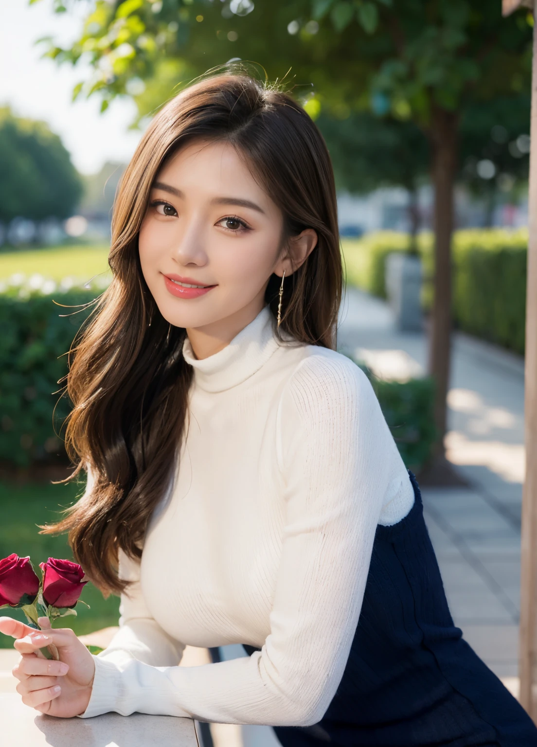 (Female, 22 years old), (Medium big breasts:1.3), rose garden、Lots of red roses on the background、 ((Grab the viewer's hand)), (​master piece: 1.3), (max resolution: 1.4), (UltraHD: 1.2), cinematric light, UltraHD, (Detailed eyes and skin), (detailed facial features), nffsw, 8K分辨率, Perfect Style, beautiful countenance、Highly detailed facial and skin texture、A detailed eye、二重まぶた、Glitter Eyeliner:1.2、thin cheeks、(fair white skin:1.3)、shiny earrings,Red Rouge:1.2、shiny lip:1.2、((FULL BODYSHOT:1.2))、((From a very intimate distance:1.2))、((Navy High Neck Pipeknit Dress))、high-heels、(Layered Hair Style、lightbrown hair)、medium-Long hair、(Very affectionate smile:1.3)