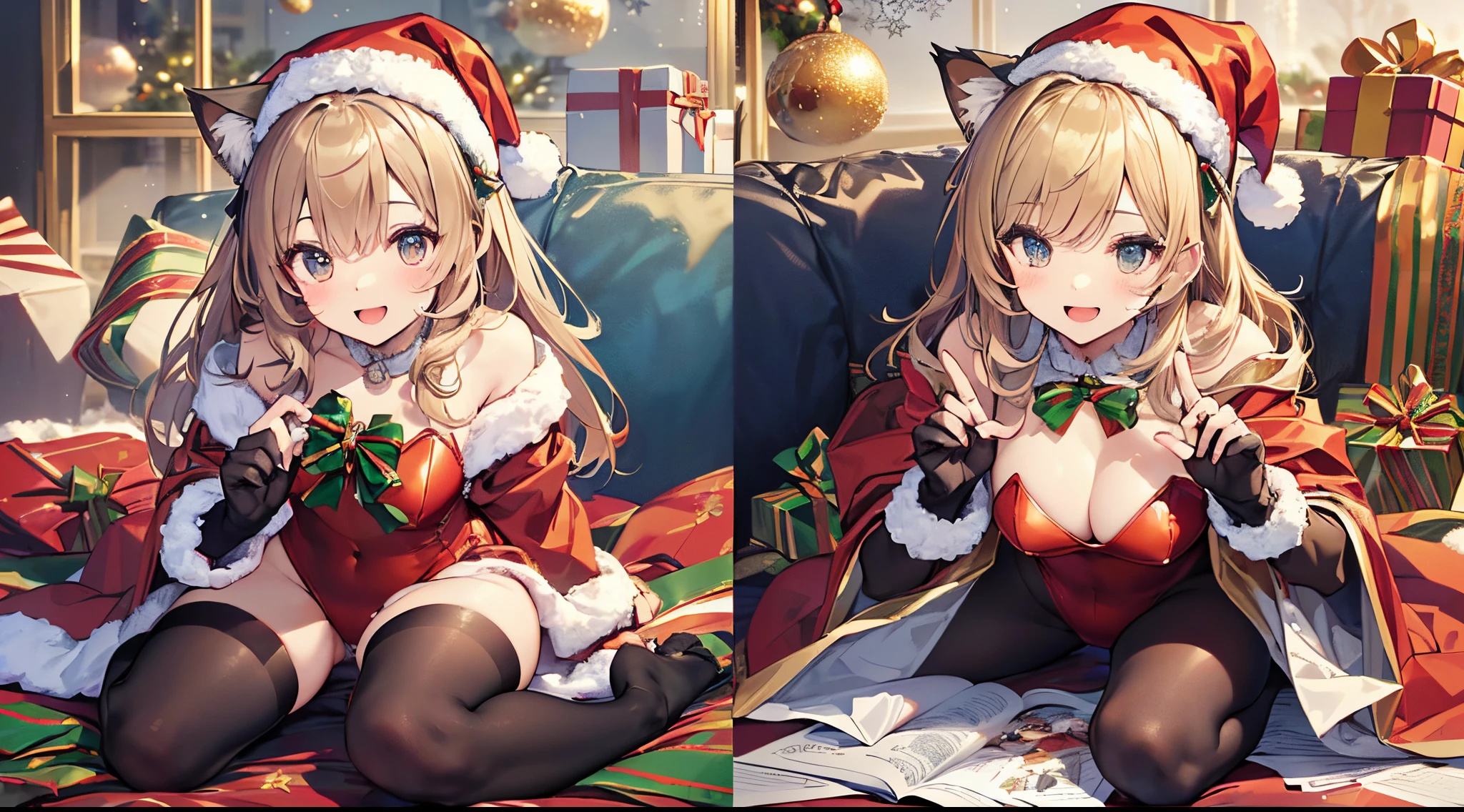 ((2D beautiful girl、top-quality、Perfect Finger 1.5、Perfect Anatomy 1.5、extremely delicate and beautiful illustration))、(Blur the background:1.3、(transform sequence)、((santa leotard))、14years、(beautiful slender girl)、Fractal Art、baby-face、((stright long hair))、Beautiful big drooping eyes:1.1、Small, open-mouthed smile、(Full body depiction:1.1)、(1 persons)、Christmas Party、Cat's ears、leotard、christmas leotard、(tights)、