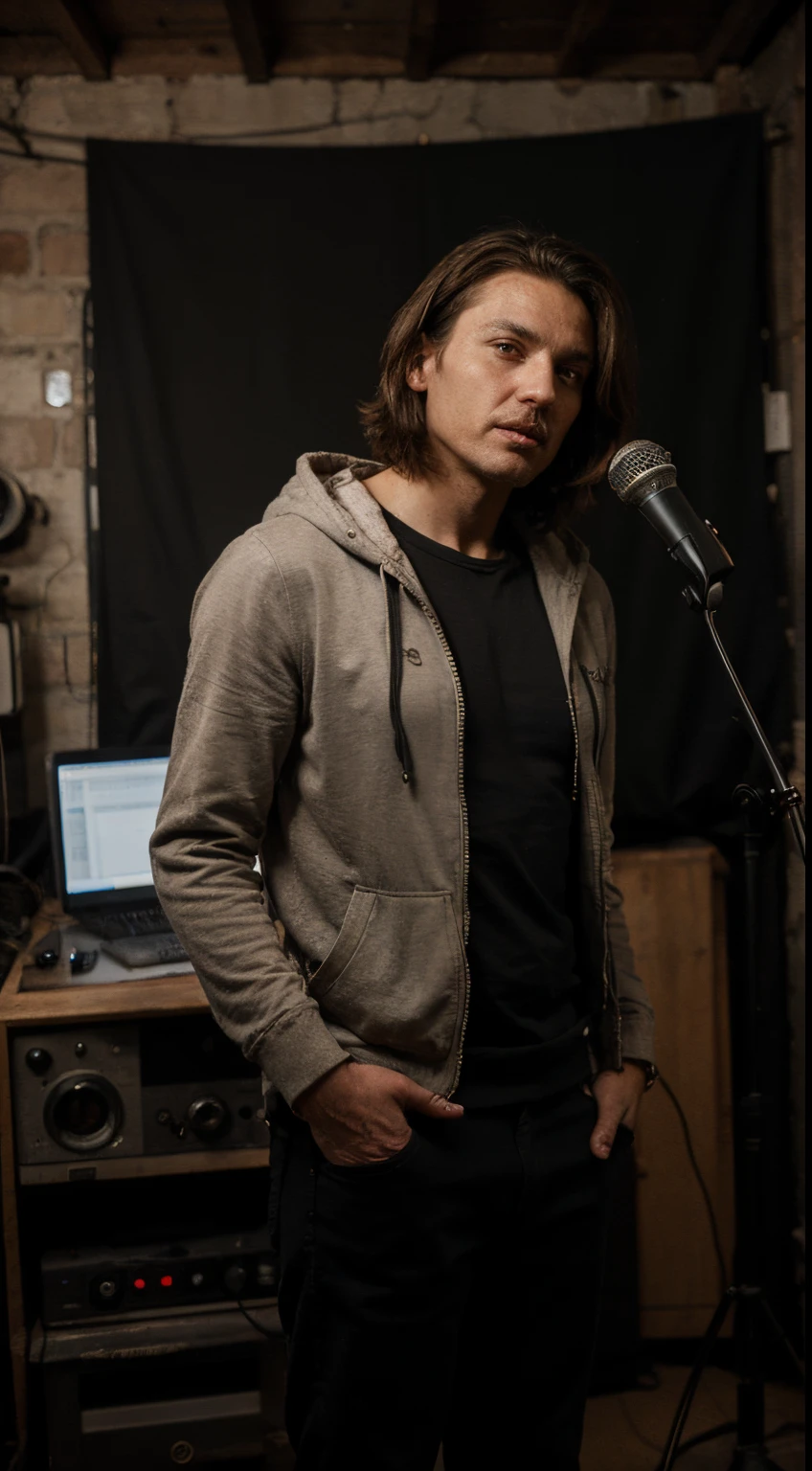 A mysterious, mature man in a hood, without facial hair, in a radio studio, at a microphone, in an old, dark attic. A painting in Giger's style.