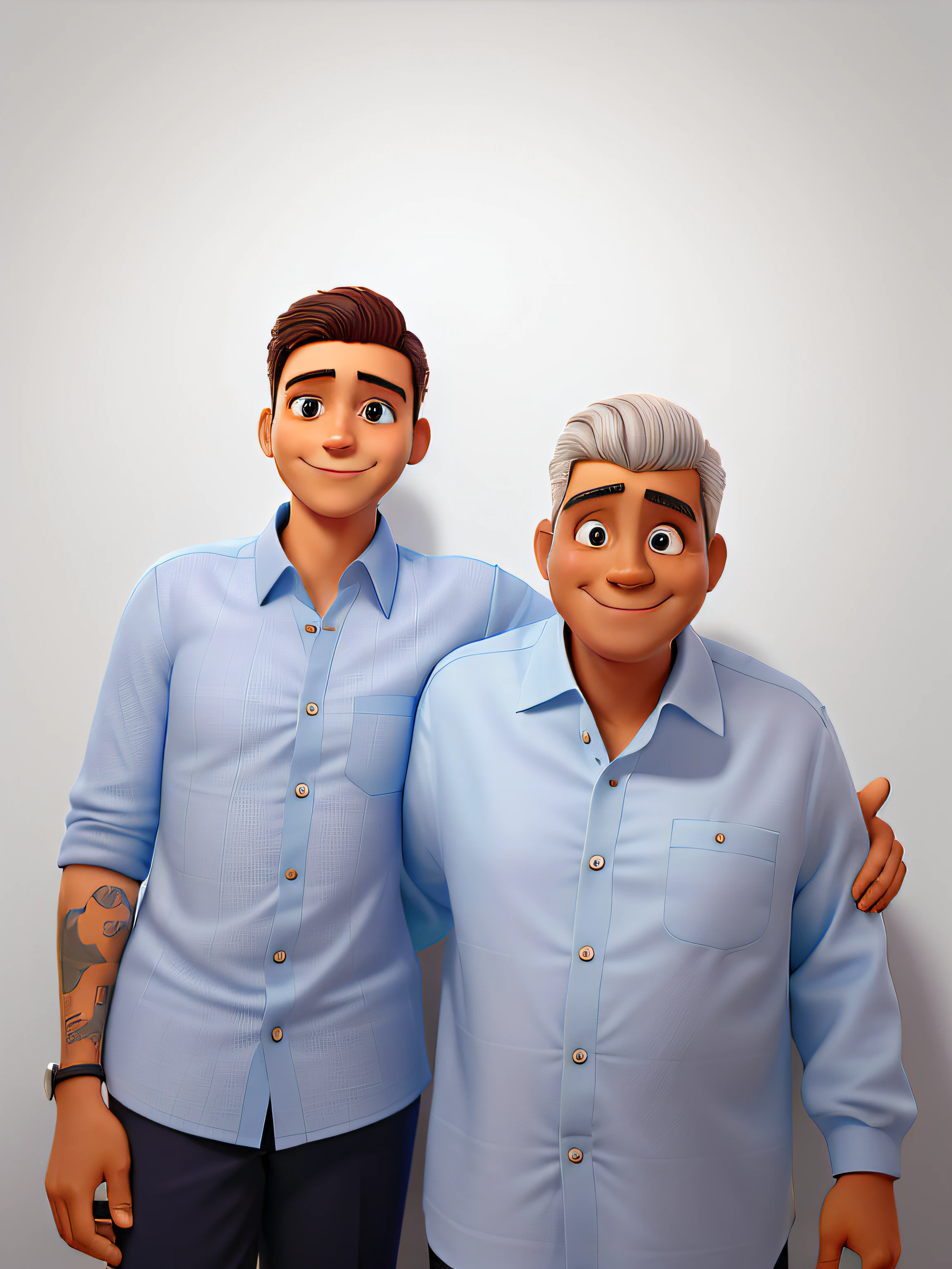 Dois homens, um ao lado do outro. O mais jovem tem cabelo curto e claro, is smiling, with a light blue dress shirt and with his arm around the oldest. O senhor tem os cabelos grisalhos, He is wearing a light blue dress shirt and a slight smile on his face.