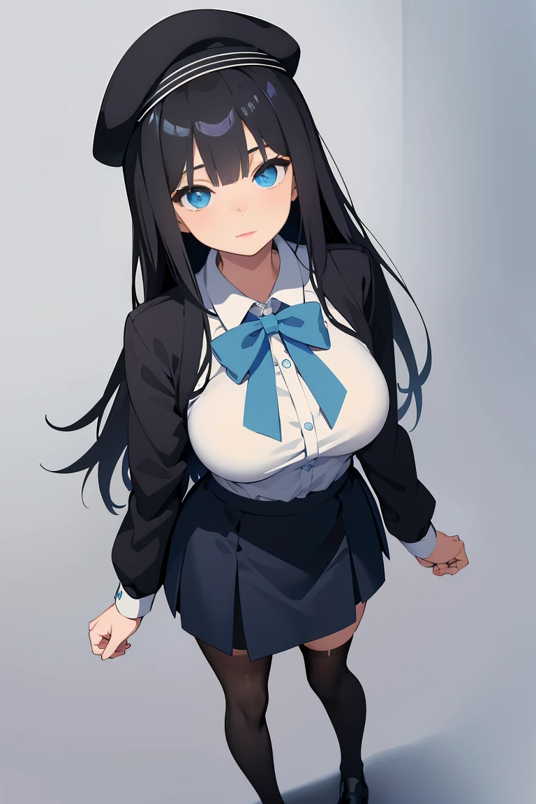 an anime girl, 1 person, black hair, hair clip on the right side of her bangs, black cap, light blue eyes, white women's shirt, small light blue bow on the chest, office uniform, shirt  close-fitting, tight skirt, stockings,full body, big breasts, front view, solo
