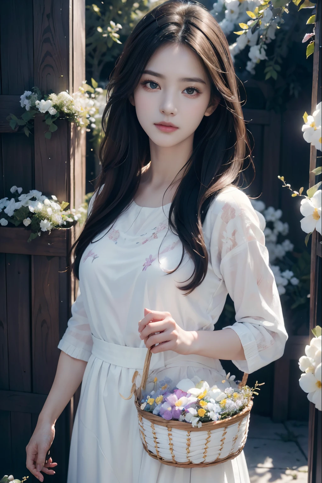 (best quality,4k,8k,highres,masterpiece:1.2),ultra-detailed,(realistic,photorealistic,photo-realistic:1.37),1 girl , half body shot, beautiful detailed eyes,beautiful detailed lips,extremely detailed eyes and face,longeyelashes,portraits,artistic painting,sharp focus,vivid colors,studio lighting,HDR,(colorful, vibrant, vivid) scenery, a girl with a basket of flowers,mixed media artwork,soft pastel color palette,gentle sunlight casting shadows,delicate flowers in foreground,blurred background with trees and bushes,dreamlike atmosphere,magic realism.