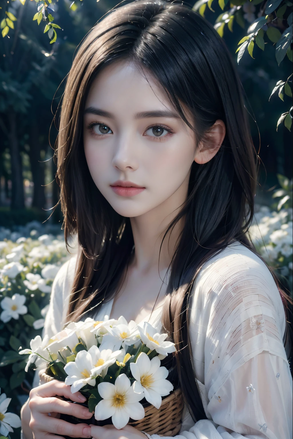 (best quality,4k,8k,highres,masterpiece:1.2),ultra-detailed,(realistic,photorealistic,photo-realistic:1.37),1 girl , half body shot, beautiful detailed eyes,beautiful detailed lips,extremely detailed eyes and face,longeyelashes,portraits,artistic painting,sharp focus,vivid colors,studio lighting,HDR,(colorful, vibrant, vivid) scenery, a girl with a basket of flowers,mixed media artwork,soft pastel color palette,gentle sunlight casting shadows,delicate flowers in foreground,blurred background with trees and bushes,dreamlike atmosphere,magic realism.