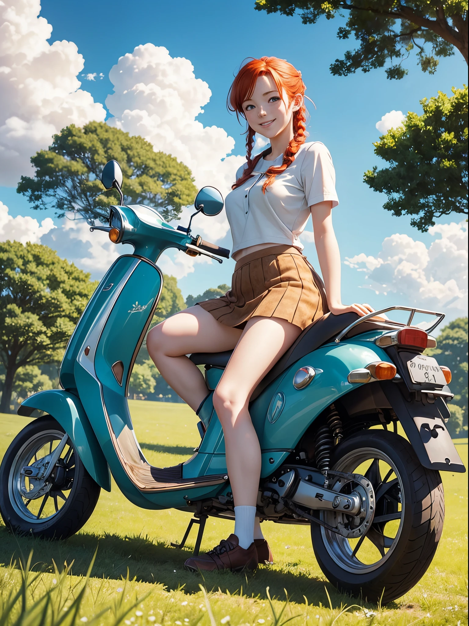 anime scene, summer field in day light, clear sky, puffy clouds, beautiful anime landscape, anime movie background, high quality desktop wallpaper, landscape wallpaper, from very distance under a tree, there is a pretty redhead pale girl, freckles skin, wearing short skirt, sitting on a old classic scooter facing smiling to the viewer