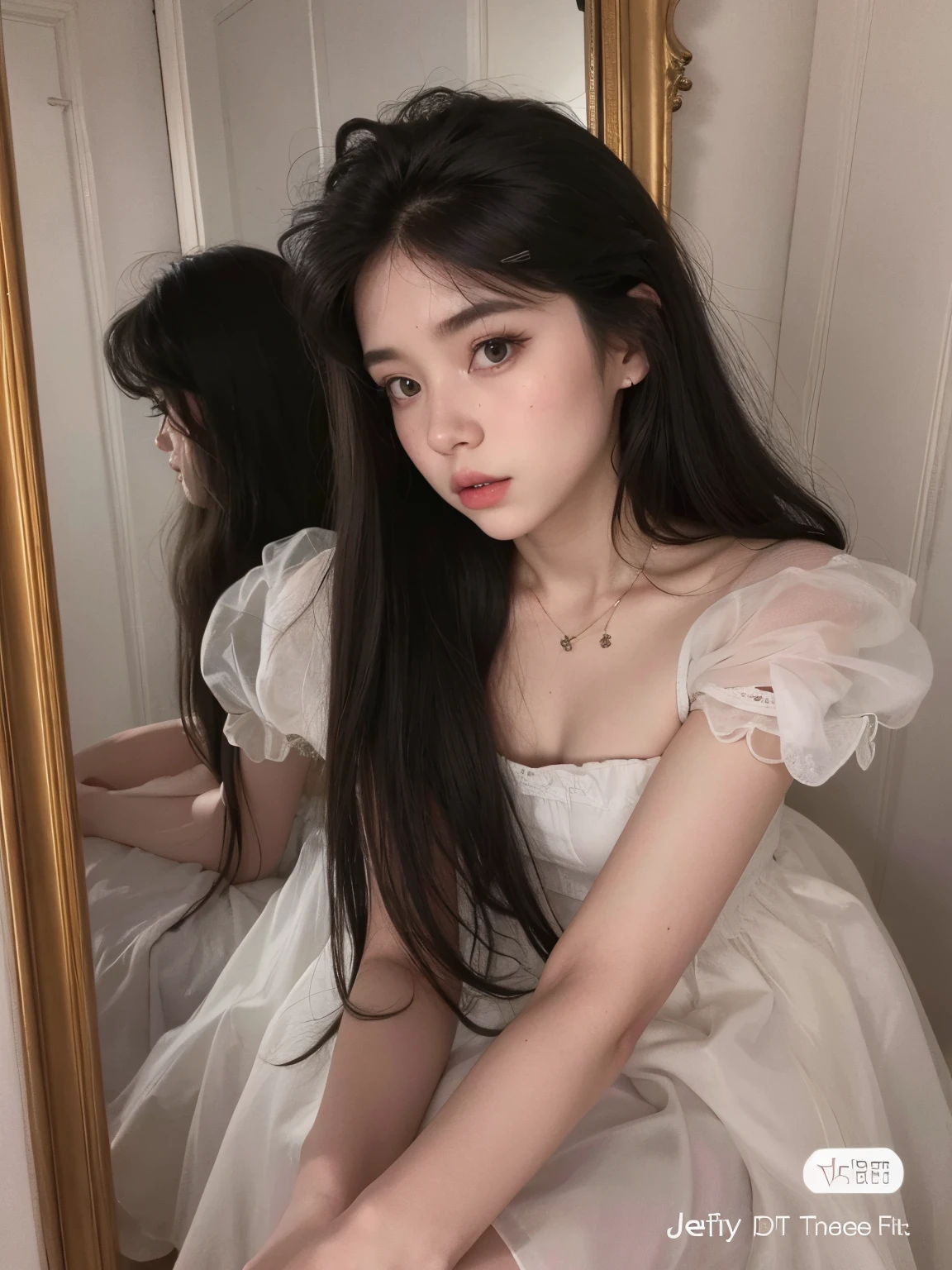 there is a young woman sitting in front of a mirror, branco hime corte penteado, Ulzzang, cruel korean goth girl, pale young ghost girl, Jinyoung Canela, pale snow white skin, pale porcelain white skin, Jaeyeon Nam, a stunning young ethereal figure, pale milky white porcelain skin, 🤤 retrato da menina, Fairycore, cabelo flutuando cobrindo o peito