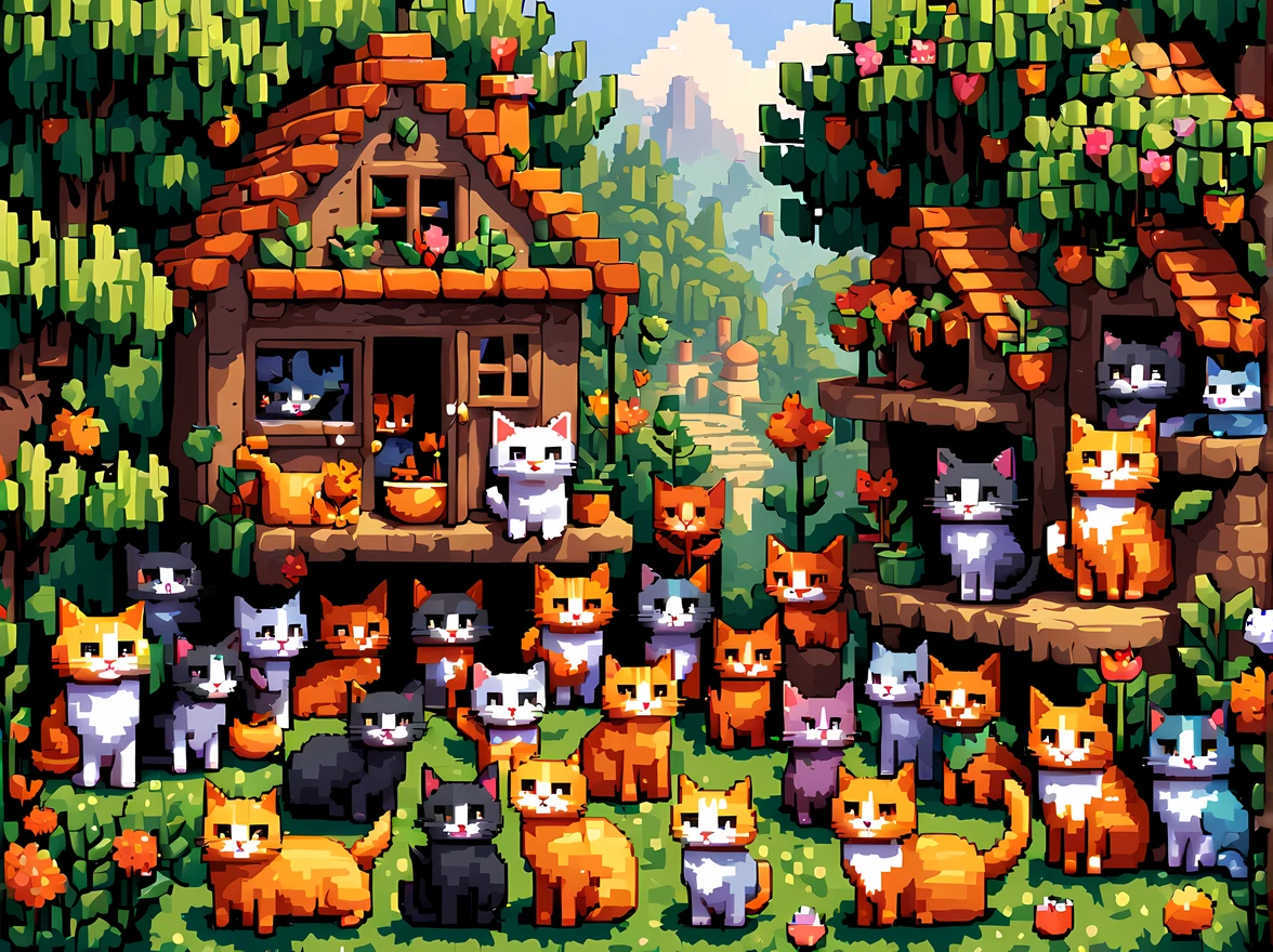 (pixel art:1.3), capture the heartwarming unity and pride of the anthropomorphic cat villagers in their lush greenery-filled village, show a gathering of cats engaged in storytelling, with vibrant colors and joyful expressions, highlighting their deep connection to their feline heritage, ((anthropomorphic))