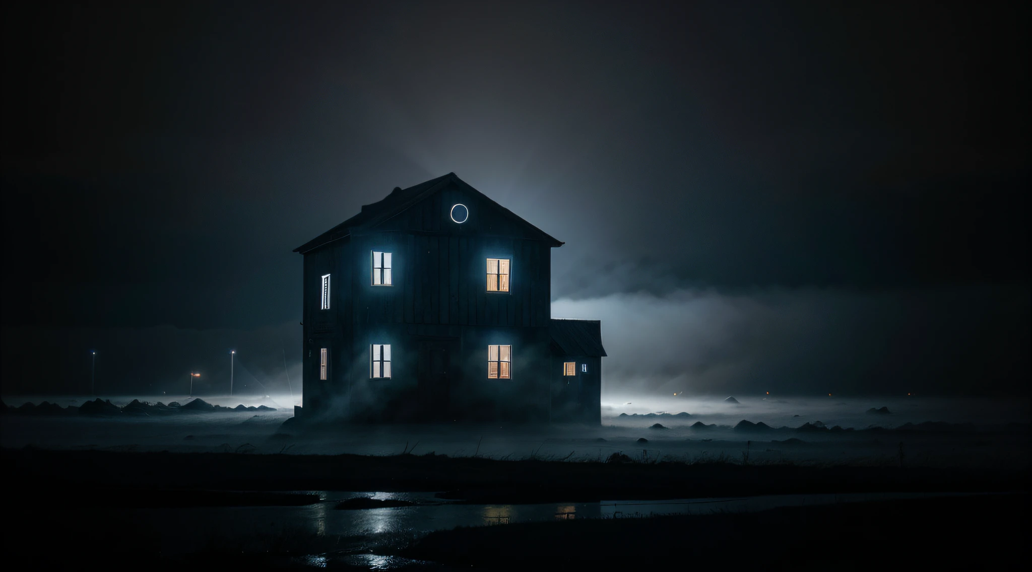 dark building with bluish fog, Ambiente escuro