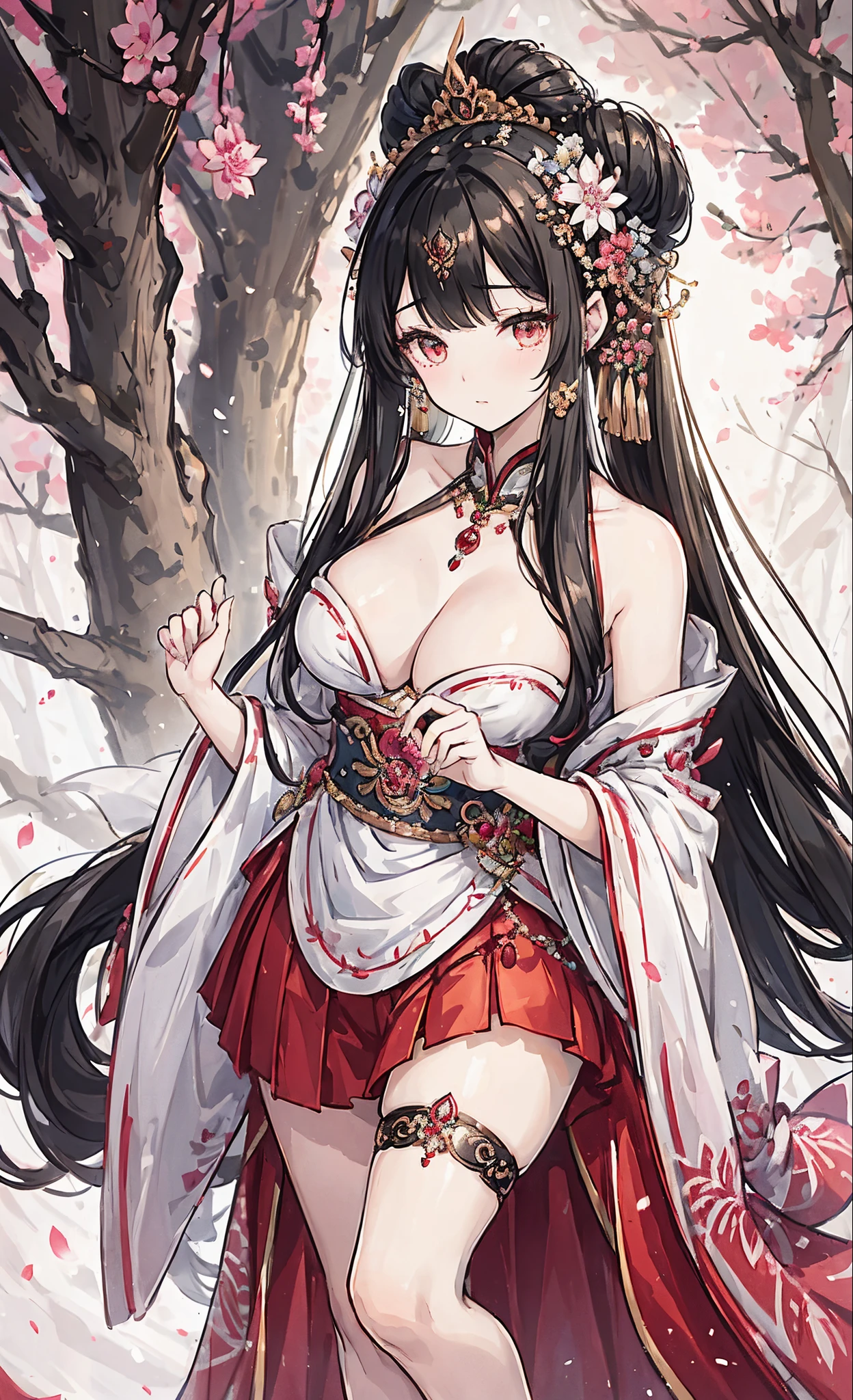 (tmasterpiece:1.2),Atdan, 1 plump girl, Alone, Branch, Blooming flowers, jewely, a skirt, ear nipple ring, that tree, through bangs, Long gray hair, hair adornments, view the viewer, Chinese clothes, black hair color hair, hairflower, Brown hair, exposed bare shoulders, Very long hair, Wide sleeves, longer sleeves