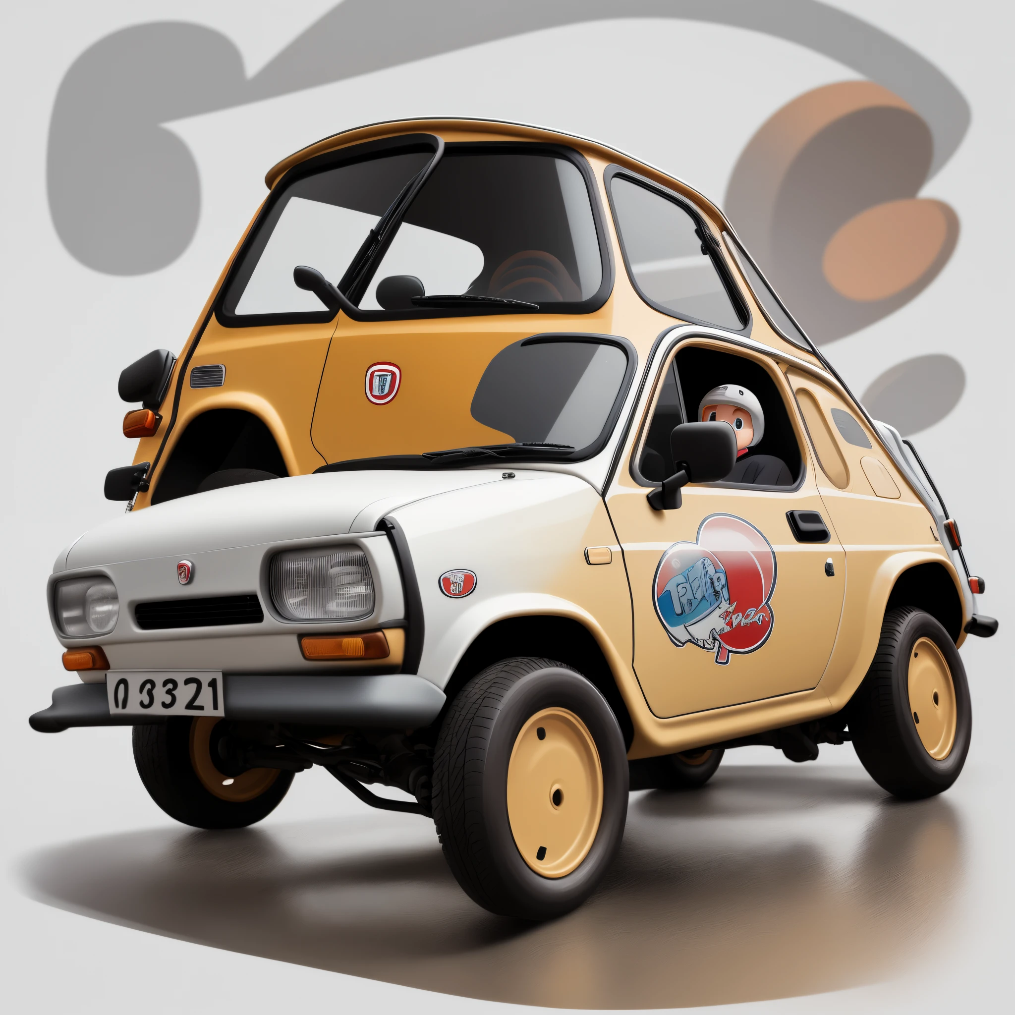 Fiat 126 sport, cartoon,white, big wheels, racing, white background, vector