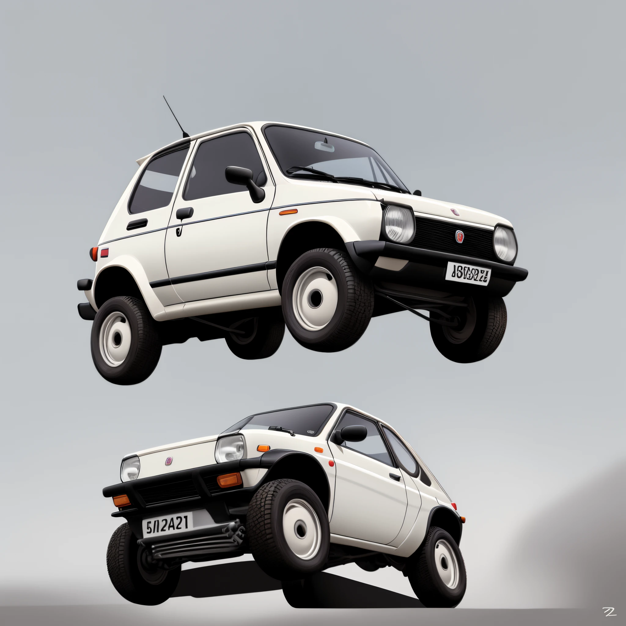 Fiat 126 sport, cartoon,white, big wheels, racing, white background, vector