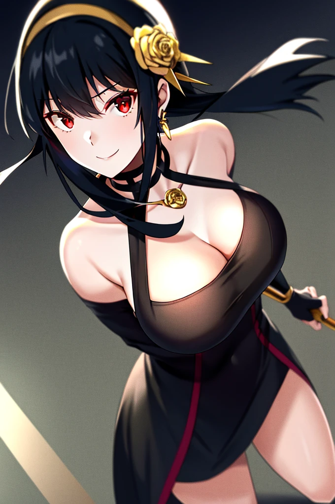 yor briar, anime style beutiful woman, 1girl, happy, smile, red eyes, closed mouth, beautiful detailed eyes, super detailed skin, backlighting, bare shoulders, black background, black dress, black gloves, black hair, breasts, dress, earrings, fingerless gloves, floating hair, floral print, flower, gloves, gold earrings, gold hairband, hair flower, hair ornament, hairband, holding, holding weapon, jewelry, large breasts, long hair, looking at viewer, off-shoulder dress, off shoulder,red eyes, short hair with long locks, sidelocks, solo, spikes, thighs, two-sided dress, two-sided fabric, weapon, fighting stance , face, close up, from above, highest quality, high resolution.the background is a street in tokyo at night