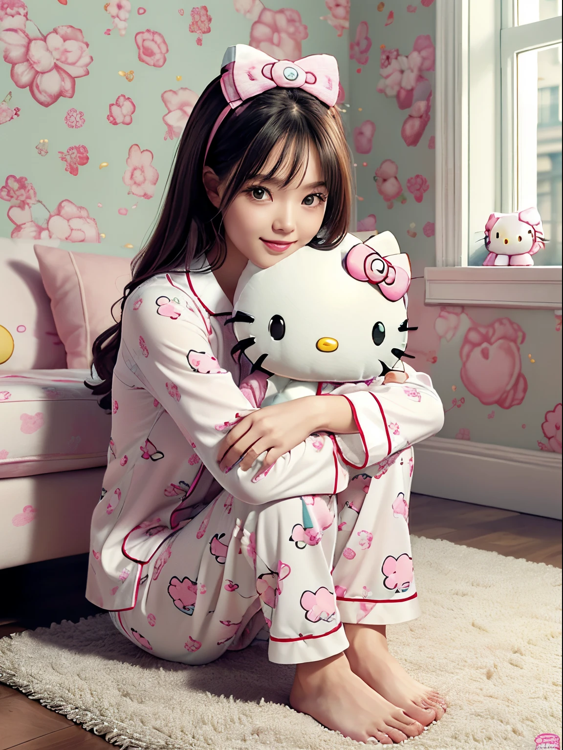 best quality, 4K wallpaper, masterpiece, extremely detailed CG unity 8k wallpaper, extremely detailed eyes, ultra-detailed, intricate details, 
1girl, fantasy, (h1c4tt3ch, hugging hello kitty doll, sitting, surrounded by hello kitty dolls, pajamas, happy, smile, hello kitty, adorable, cute, dynamic pose