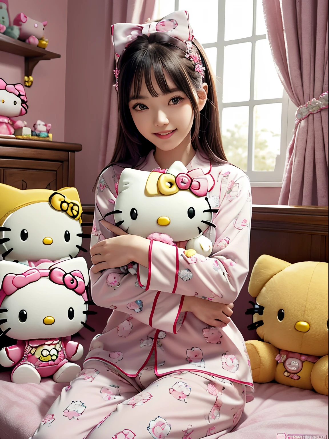 best quality, 4K wallpaper, masterpiece, extremely detailed CG unity 8k wallpaper, extremely detailed eyes, ultra-detailed, intricate details, 
1girl, fantasy, (h1c4tt3ch, hugging hello kitty doll, sitting, surrounded by hello kitty dolls, pajamas, happy, smile, hello kitty, adorable, cute, dynamic pose