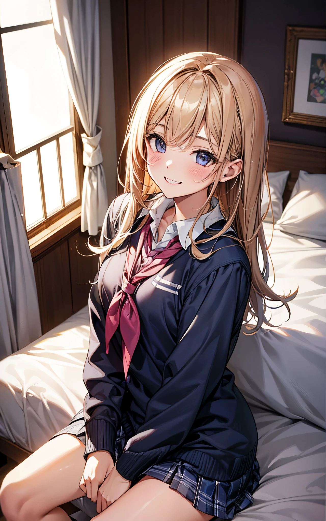 In the pretty girl's room、A cute girl wearing a high school uniform、I&#39;m sitting on the bed and inviting you、I got closest to that smile