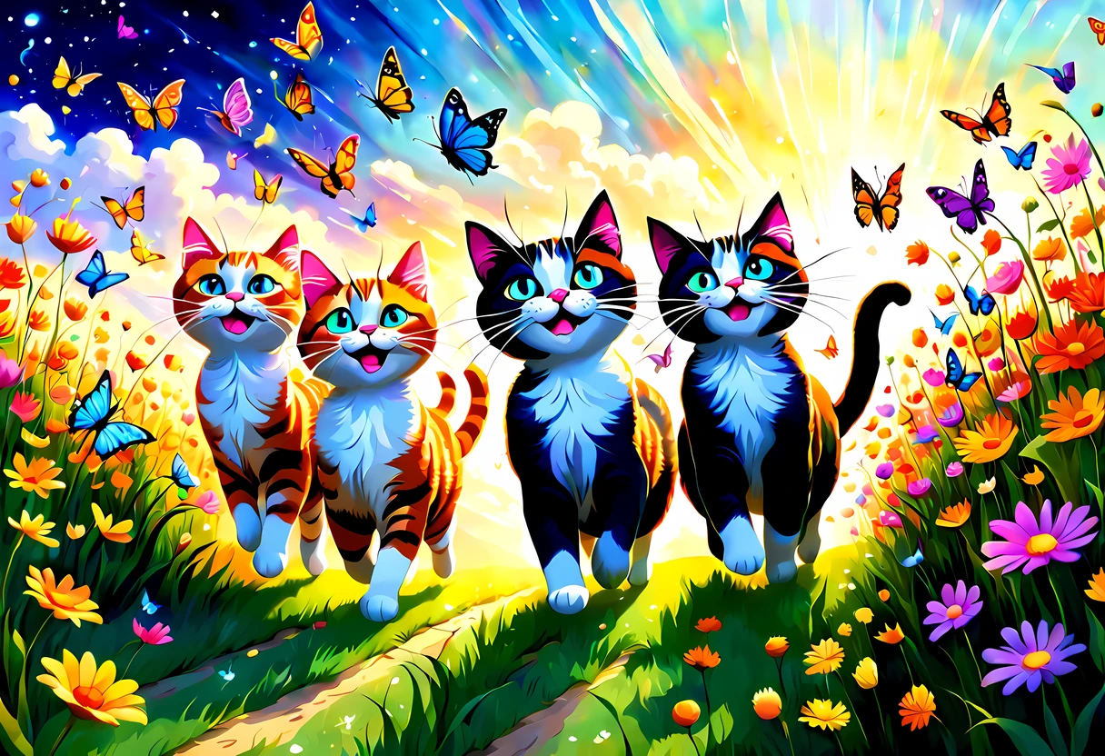 Cute Cartoon, CuteCartoonAF, (side view:1.3), a group of playful and imaginative cats, their fur aglow with vibrant colors, bound through fields that defy the limits of imagination, each step they take sends ripples of magic through the air, transforming the landscape into a fantastical realm of wonder. sparkling stardust that illuminate the sky above, the fields they (((frolic))) in are filled with towering flowers of every hue, as the cats chase colorful butterflies that flit through the air, they leave behind traces of shimmering trails, painting the surreal scenery with their playful energy, against the backdrop of a dreamlike sky, this scene captures the whimsy and enchantment of these extraordinary cats as they frolic in the amazing fields beyond imagination