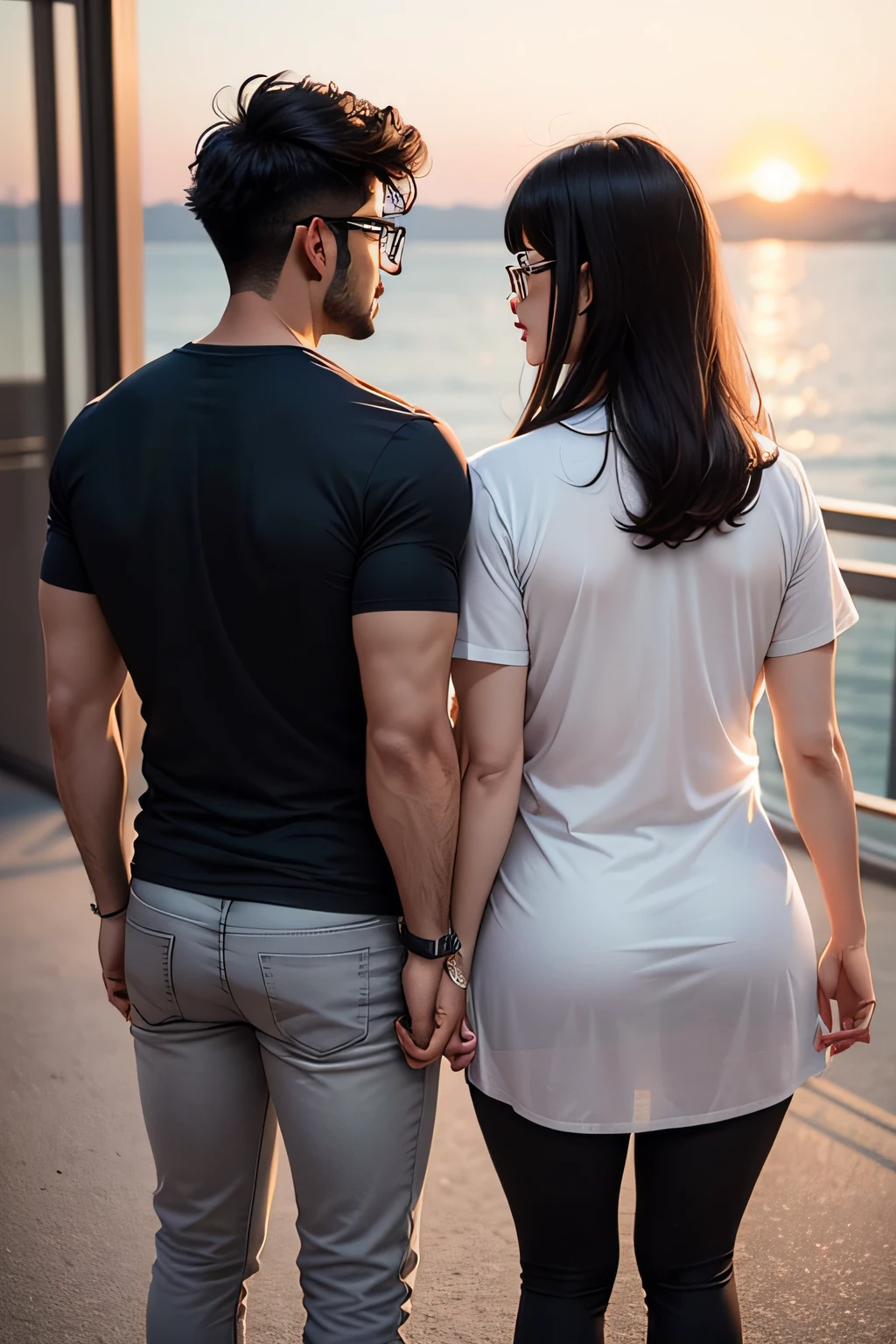 Generate an image of a 23-year-old named Rizwan wearing glasses, weighing 69 KG, with a height of 5.10, slim, in a shirt labeled "Rizwan" at the back. His girlfriend, Violin, has medium-sized hair, weighs 75 KG, 5.3 height, chubby thick, wearing a shirt labeled "Violin" at the back. The image should show them standing together, both facing forward, looking at the sunrise, with only the back side visible, featuring their respective names on the back of their shirts.