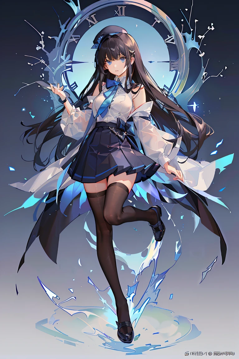 an anime girl, 1 person, black hair, hair clip on the right side of her bangs, black cap, light blue eyes, white women's shirt, small light blue bow on the chest, office uniform, shirt close-fitting, tight skirt, stockings,full body, big breasts, front view, solo