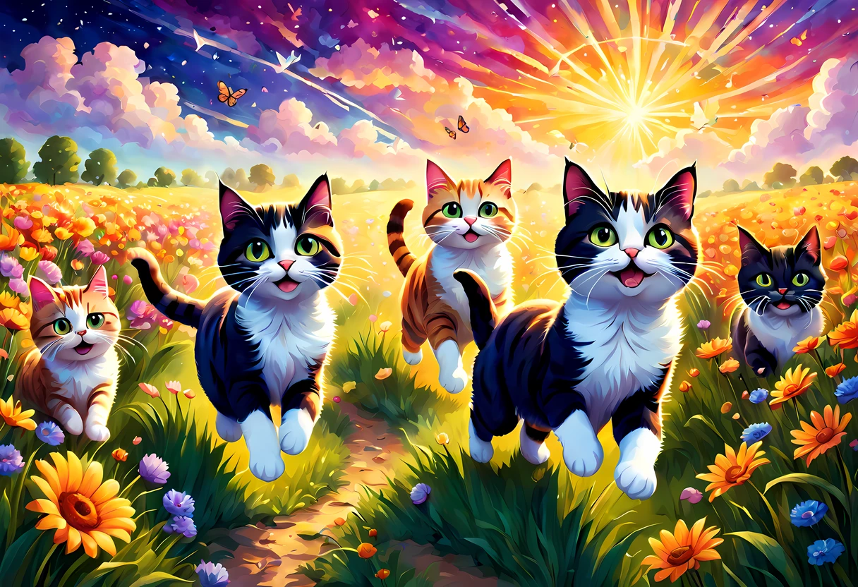 Cute Cartoon, CuteCartoonAF, (cute cartoon style:1.3), a group of playful and imaginative cats, their fur aglow with vibrant colors, bound through fields that defy the limits of imagination, each step they take sends ripples of magic through the air, transforming the landscape into a fantastical realm of wonder. sparkling stardust that illuminate the sky above, the fields they (((frolic))) in are filled with towering flowers of every hue, as the cats chase colorful butterflies that flit through the air, they leave behind traces of shimmering trails, painting the surreal scenery with their playful energy, against the backdrop of a dreamlike sky, this scene captures the whimsy and enchantment of these extraordinary cats as they frolic in the amazing fields beyond imagination