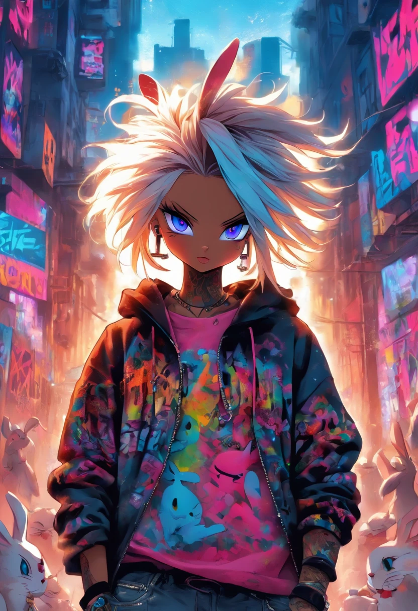 Cool and stylish bunny, White hair, eBlue eyes, Wear trendy hip hop outfits, wearing a hoody, Graphic T-shirt and ripped jeans, Lots of tattoos and piercings, graffiti style background, very highly detailed background, Perfect masterpiece, high qulity, A high resolution