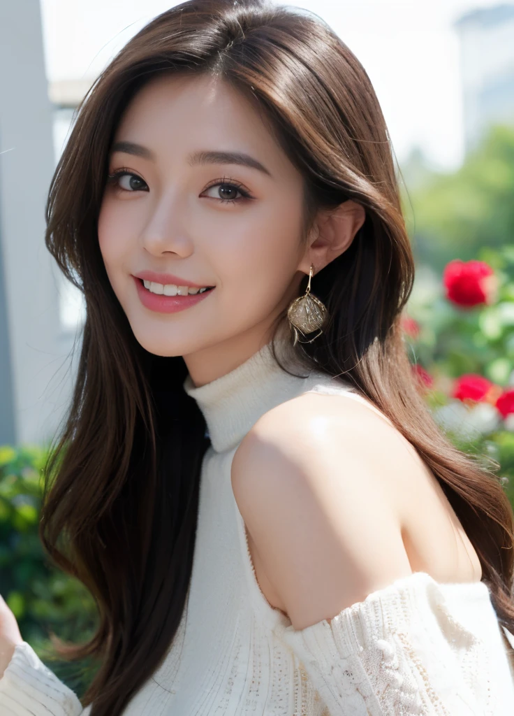 (Female, 22 years old), (huge tit:1.3), rose garden、Lots of red roses on the background、 ((Grab the viewer's hand)), (​master piece: 1.3), (max resolution: 1.4), (UltraHD: 1.2), cinematric light, UltraHD, (Detailed eyes and skin), (detailed facial features), nffsw, 8K分辨率, Perfect Style, beautiful countenance、Highly detailed facial and skin texture、A detailed eye、二重まぶた、Glitter Eyeliner:1.2、thin cheeks、(fair white skin:1.3)、shiny earrings,Red Rouge:1.2、shiny lip:1.2、((FULL BODYSHOT:1.2))、((From a very intimate distance:1.2))、((Navy High Neck Pipeknit Dress))、high-heels、(Layered Hair Style、lightbrown hair)、medium-Long hair、(Very attractive smile:1.3)