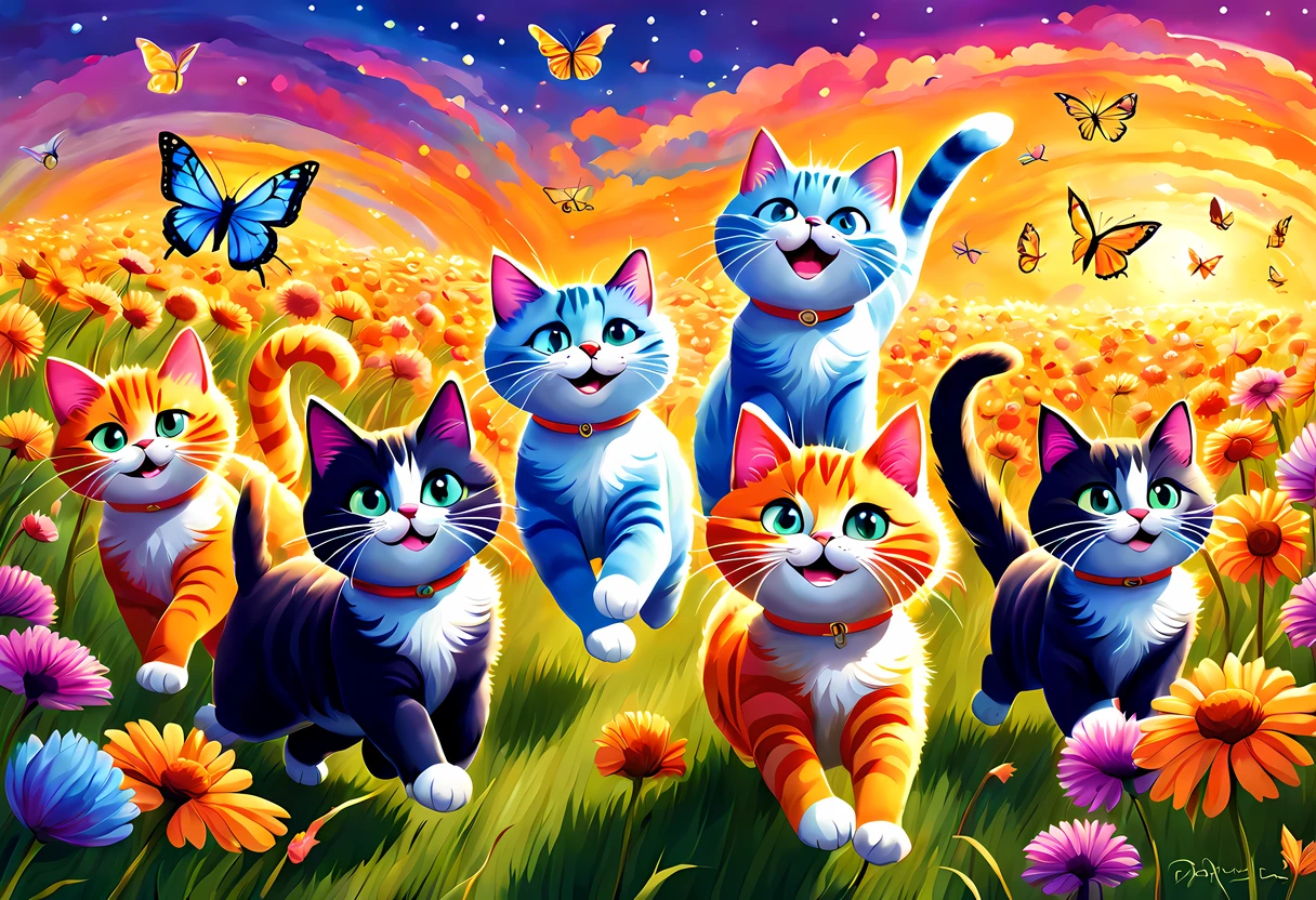 Cute Cartoon, CuteCartoonAF, (cute cartoon style:1.3), a group of playful and imaginative cats, their fur aglow with vibrant colors, bound through fields that defy the limits of imagination, each step they take sends ripples of magic through the air, transforming the landscape into a fantastical realm of wonder. sparkling stardust that illuminate the sky above, the fields they (((frolic))) in are filled with towering flowers of every hue, as the cats chase colorful butterflies that flit through the air, they leave behind traces of shimmering trails, painting the surreal scenery with their playful energy, against the backdrop of a dreamlike sky, this scene captures the whimsy and enchantment of these extraordinary cats as they frolic in the amazing fields beyond imagination