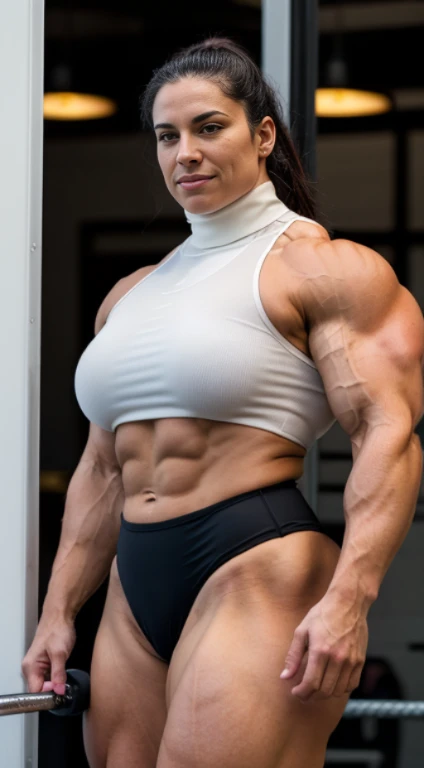 Reflective  pvc clothes , Viewed from above, A heavily muscled bulky muscular crossfit fugure,heavyweight physique, bulging 20 inch biceps, A heavily muscled iffb pro female bodybuilder  nicole Bass, feminine and muscular,  exaggerated muscle physique, big muscles,  massive muscles, 
bulging muscles,   ((A mature woman stands in front of an caffe)),((turtleneck shirts:1.3)). 40k, Photography, Masterpiece, Best quality, dark grey background, ((A plump chest)), Perfect face, perfect chest, ((chest-huge)), ((1 girl with brown eyes and gorgeous light black hair))，full soft chest and white skin, ((very soft chest). Ultra-detailed face, Detailed eyes, Embarrassed, Smile, Summer, Daytime, (((dog collar))), Half body, dated