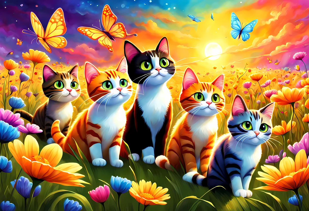 Cute Cartoon, CuteCartoonAF, (cute cartoon style:1.3), a group of playful and imaginative cats, their fur aglow with vibrant colors, bound through fields that defy the limits of imagination, each step they take sends ripples of magic through the air, transforming the landscape into a fantastical realm of wonder. sparkling stardust that illuminate the sky above, the fields they (((frolic))) in are filled with towering flowers of every hue, as the cats chase colorful butterflies that flit through the air, they leave behind traces of shimmering trails, painting the surreal scenery with their playful energy, against the backdrop of a dreamlike sky, this scene captures the whimsy and enchantment of these extraordinary cats as they frolic in the amazing fields beyond imagination