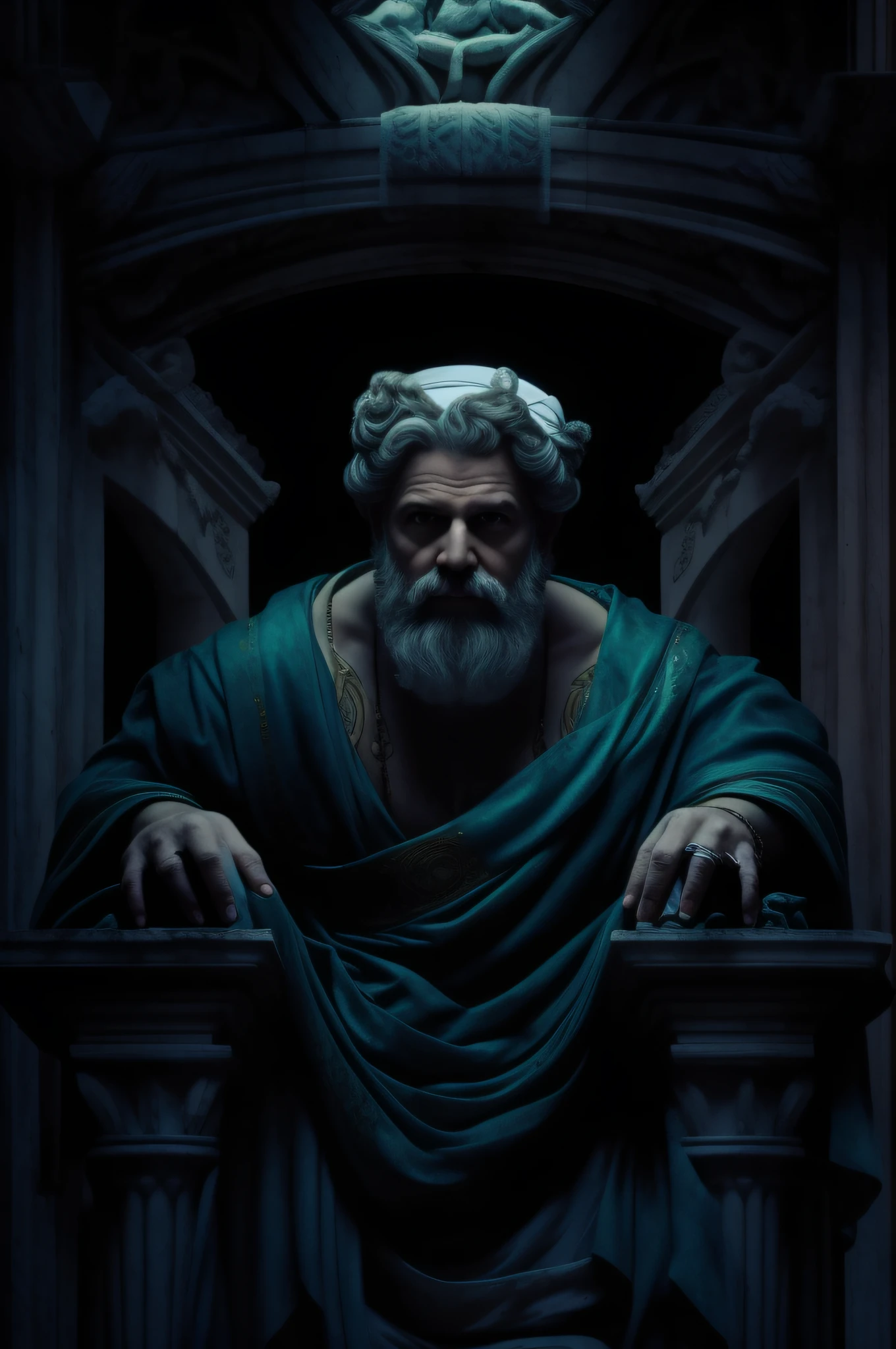 Em seu trono um homem grego, detailed wearing a ghostly toga, fundo neutro, Moody, , fotorrealista, cinema atencioso, super detalhada, Hiper realista, luzes brilhantes, 8 mil