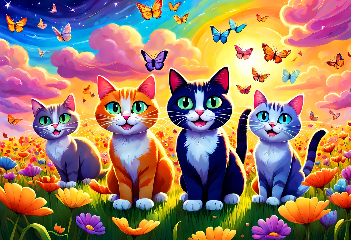 Cute Cartoon, CuteCartoonAF, (cute cartoon style:1.3), a group of playful and imaginative cats, their fur aglow with vibrant colors, bound through fields that defy the limits of imagination, each step they take sends ripples of magic through the air, transforming the landscape into a fantastical realm of wonder. sparkling stardust that illuminate the sky above, the fields they frolic in are filled with towering flowers of every hue, as the cats chase colorful butterflies that flit through the air, they leave behind traces of shimmering trails, painting the surreal scenery with their playful energy, against the backdrop of a dreamlike sky, this scene captures the whimsy and enchantment of these extraordinary cats as they frolic in the amazing fields beyond imagination