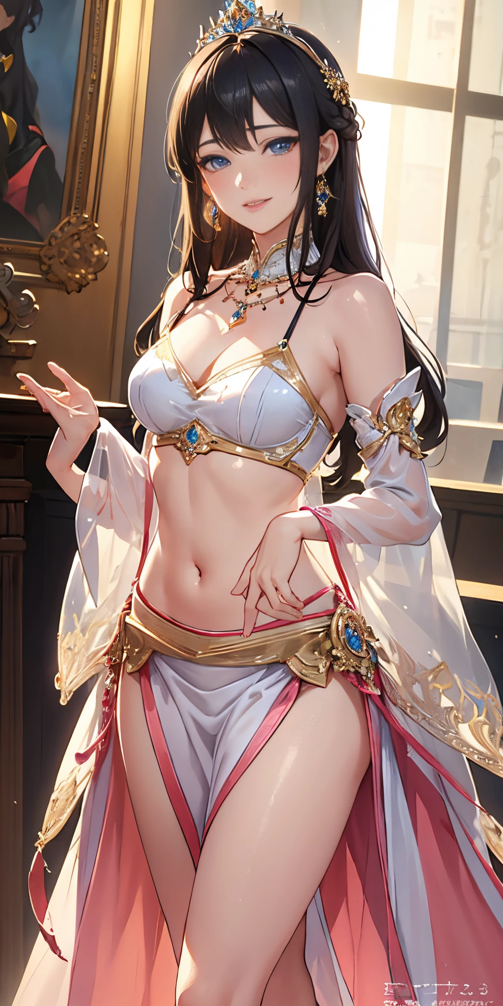 rosy color, (one princess wearing sexy princess dress with transparent lace sleeves), (photorealistic:1.4), (masterpiece, sidelighting, finely detailed beautiful eyes: 1.2), Dynamic pose, masterpiece*portrait, realistic, 3d face, glowing eyes, shiny hair, lustrous skin, solo, (midriff), extreme long hair, smile, from blow, (masterpiece), best quality, embarrassed, necklace, earrings,