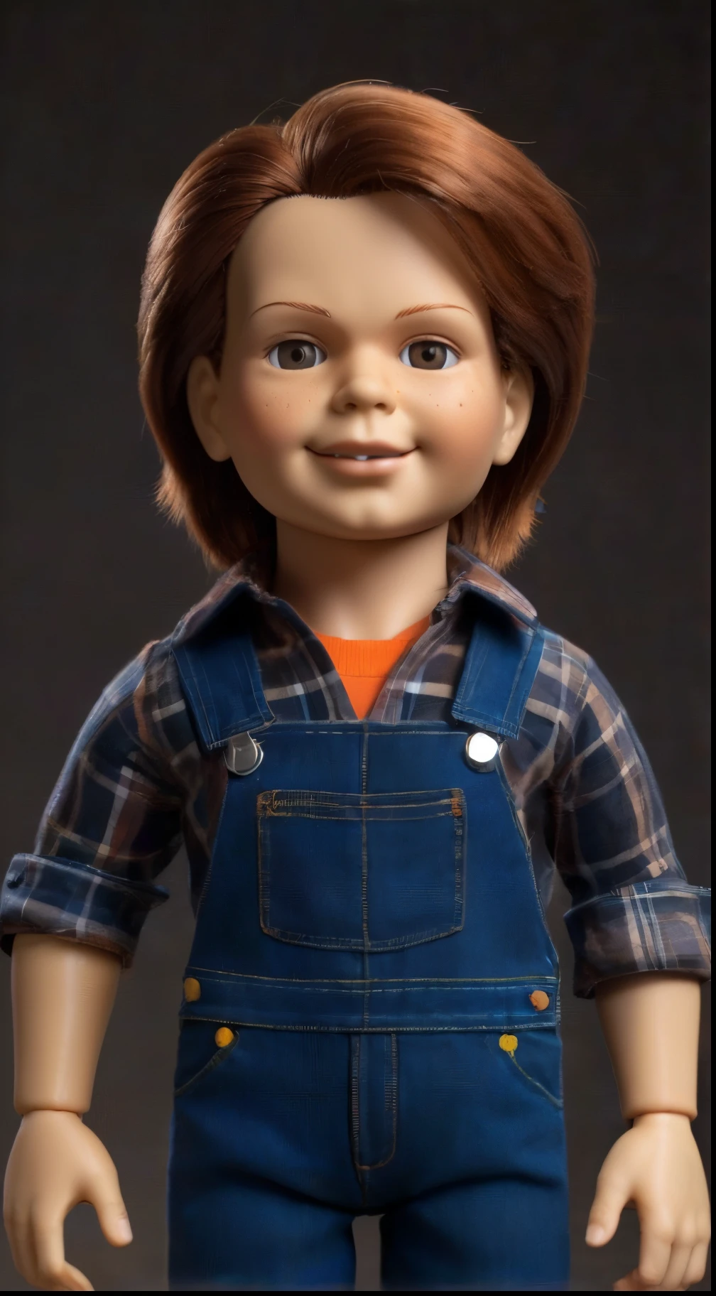 Goodguys doll, with straight medium brown hair, the iconic killer doll, with a subtle smile on his face, a light background with an orange plaid sleeve shirt, with a denim jumpsuit. With orange shoes, creating a horror atmosphere, a 3D model with high-resolution textures and realistic lighting, --ar 16:9 --v 5 -