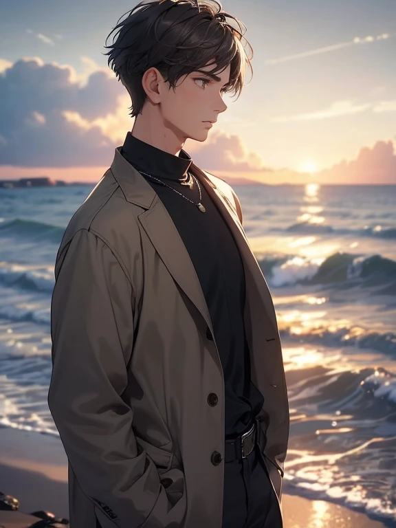 masterpiece, best quality, 1 male, adult, mature, tall guy, beautiful sea, youth, short hair, black hair with gray highlights, shorthair in the wind, brown eyes, soft expression, beautiful young man, neat black clothes, contemplating the sky, cinematic lights, gms, (upper body)