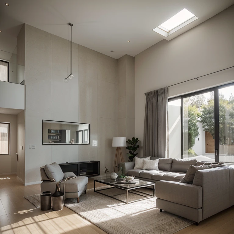 The house is sleek and modern with a simple design., Large windows, The interior is decorated with chickpeas and contemporary decor., Lighting that emphasizes architectural details and creates a stylish atmosphere., High quality architectural visualization, Use 3D modeling software with photorealistic materials and advanced lighting techniques to showcase the home's intricate details and modern elegance.