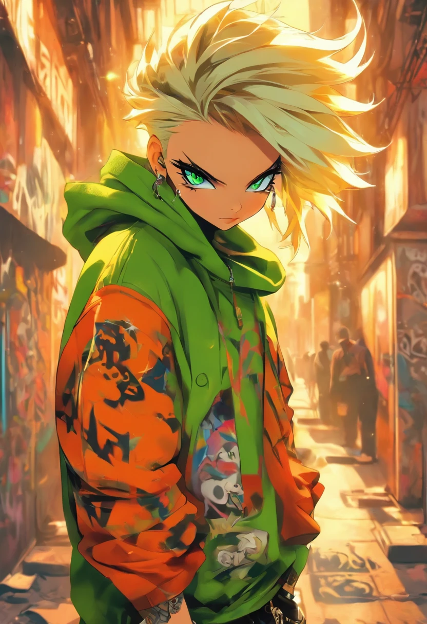 A cool and stylish cat, White blonde hair, green-eyed, Wear trendy hip-hop outfits, wearing a hoody, Graphic T-shirt and ripped jeans, Lots of tattoos and piercings, graffiti style background, very highly detailed background, Perfect masterpiece, high qulity, A high resolution