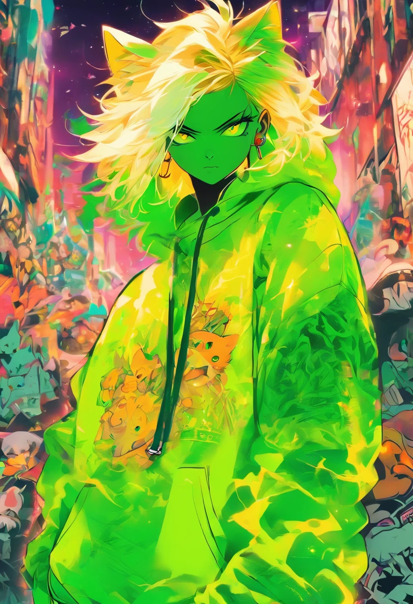 A cool and stylish cat, White blonde hair, green-eyed, Wear trendy hip-hop outfits, wearing a hoody, Graphic T-shirt and ripped jeans, Lots of tattoos and piercings, graffiti style background, very highly detailed background, Perfect masterpiece, high qulity, A high resolution