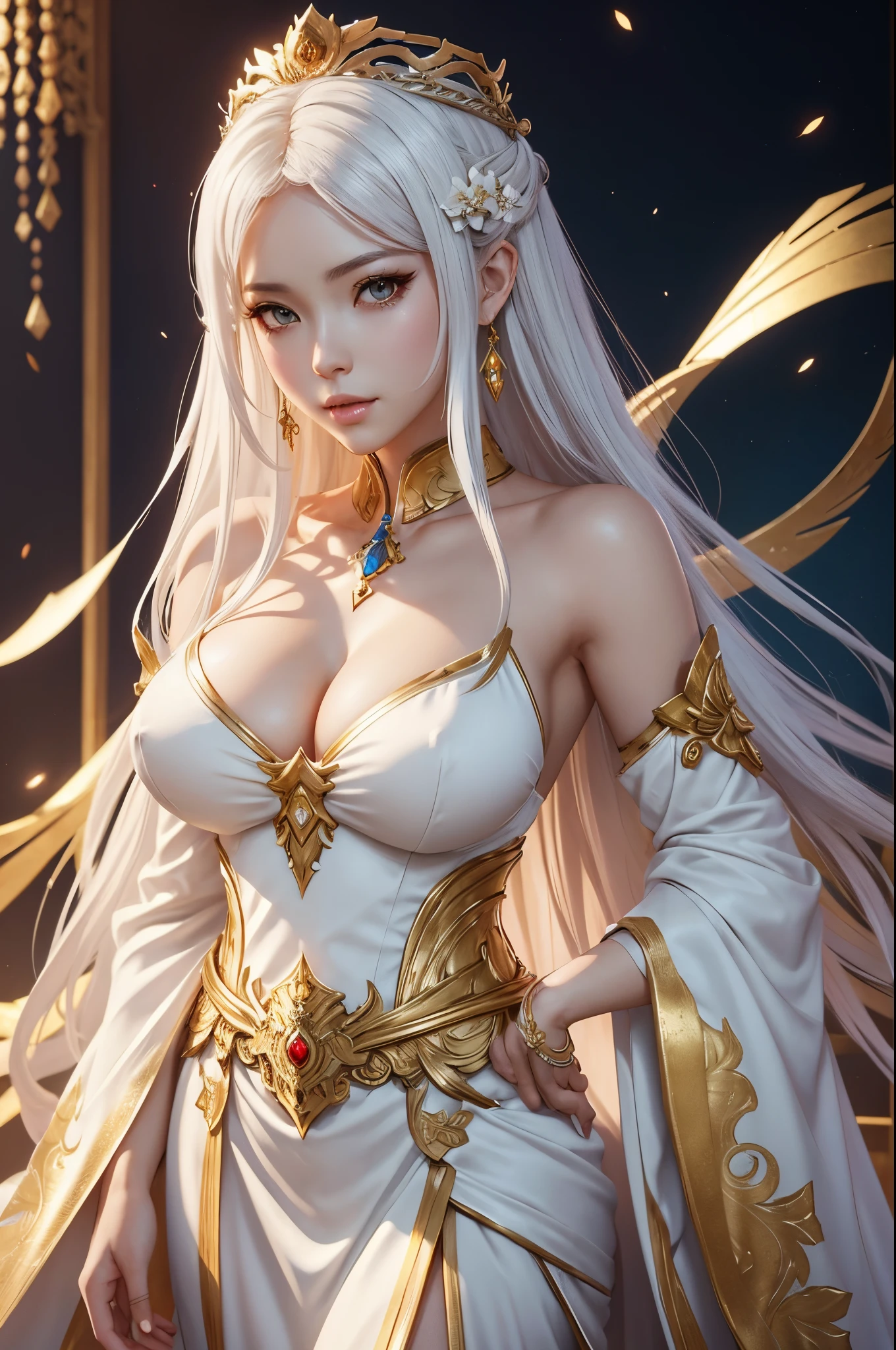 8K,Empress goddess wearing a white dress and holding golden feathers, Mature goddess with very big breasts,Super beauty(Like the real thing)super realistic skin,sexy goddess costume,beautiful long white hair,Delicate and precise golden decoration,fanart best artstation, ig model | ArtGerm, a beautiful fantasy empress, ArtGerm. very detailed Artgerm, 2. 5 d cgi anime fantasy artwork, wlop and ross tran, ((a beautiful fantasy empress)), Trending on CGSTATION, ross tran and wlop