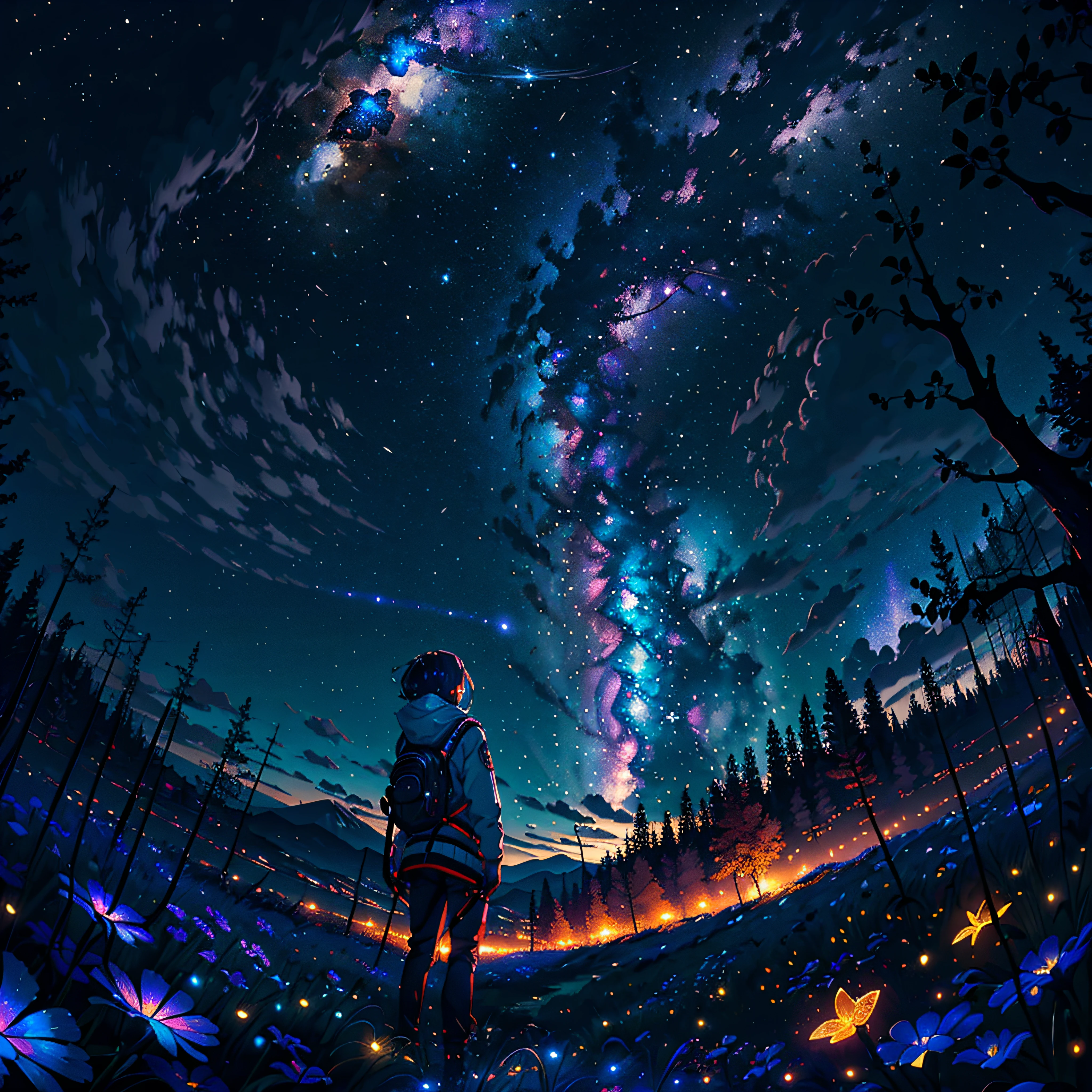 Expansive landscape photograph, (view from below with a view of the sky and the wilderness below),  girl standing in a flower field looking up, (full moon: 1.2), (shooting star: 0.9), (nebula: 1.3), distant mountain, tree break production art, (warm light source: 1.2), (firefly: 1.2), lamp, purple and orange, intricate detail, volume lighting BREAK (masterpiece: 1.2), (highest quality ), 4k, ultra-detailed, (dynamic configuration: 1.4), highly detailed and colorful details (iridescent: 1.2), (sparkling lighting, atmospheric lighting), dreamy, magical, (solo: 1.2)