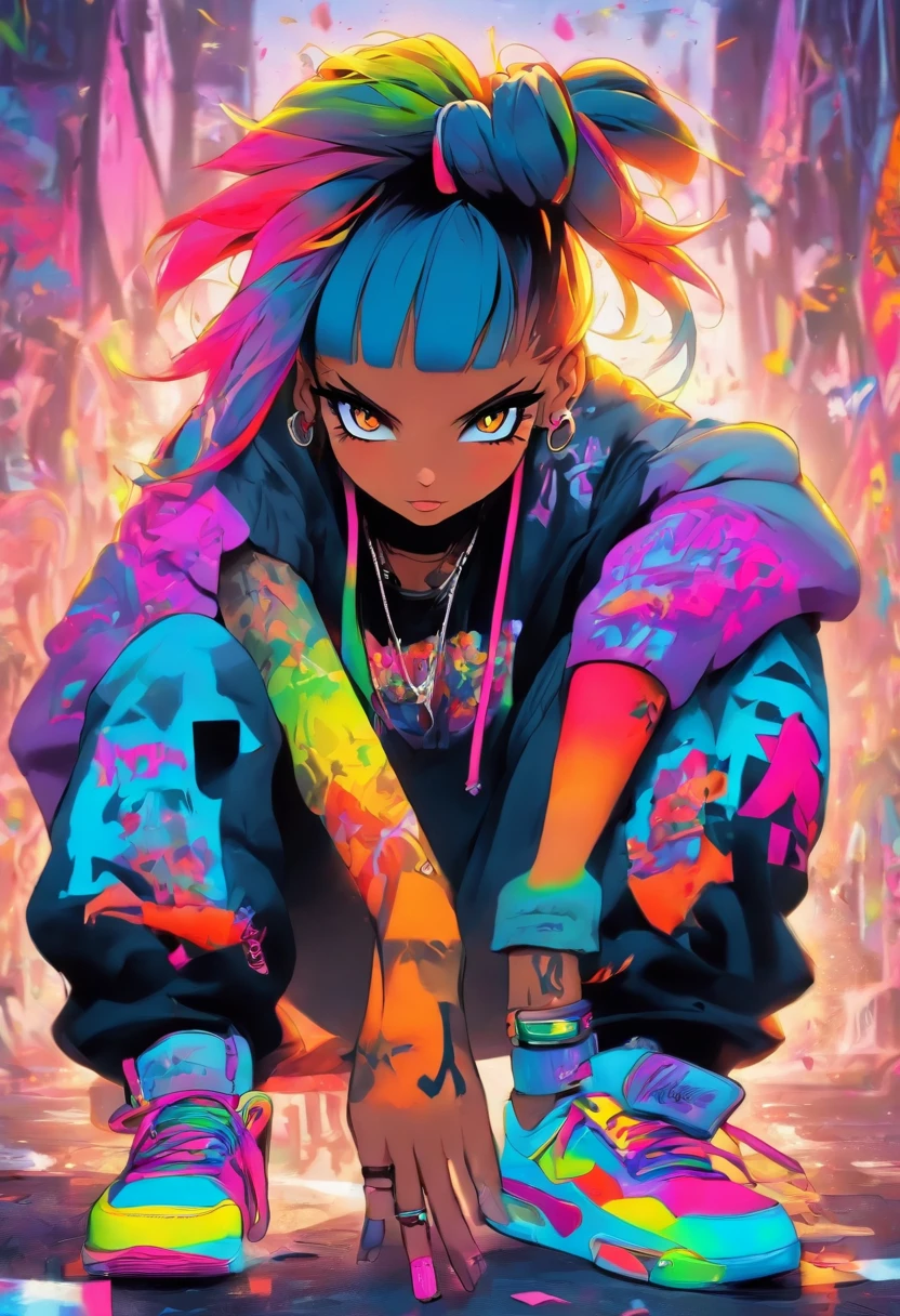 Cool and stylish bunny, Rainbow-colored hair, yellow-eyed, Wear trendy hip-hop outfits, wearing a hoody, Graphic T-shirt and ripped jeans, Lots of tattoos and piercings, graffiti style background, very highly detailed background, Perfect masterpiece, high qulity, A high resolution